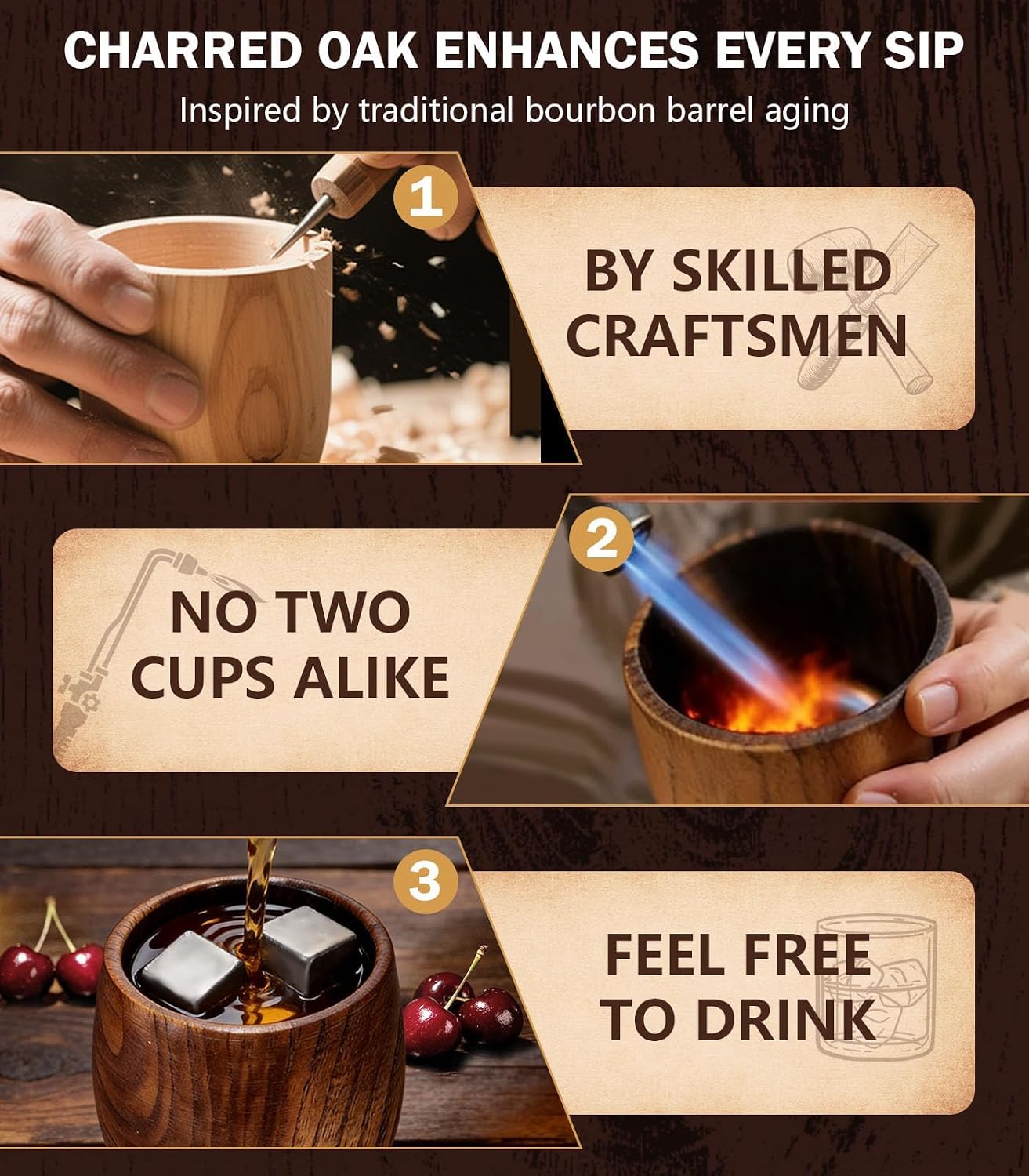 Detalle de Wooden Whiskey Glass Set, Charred Oak