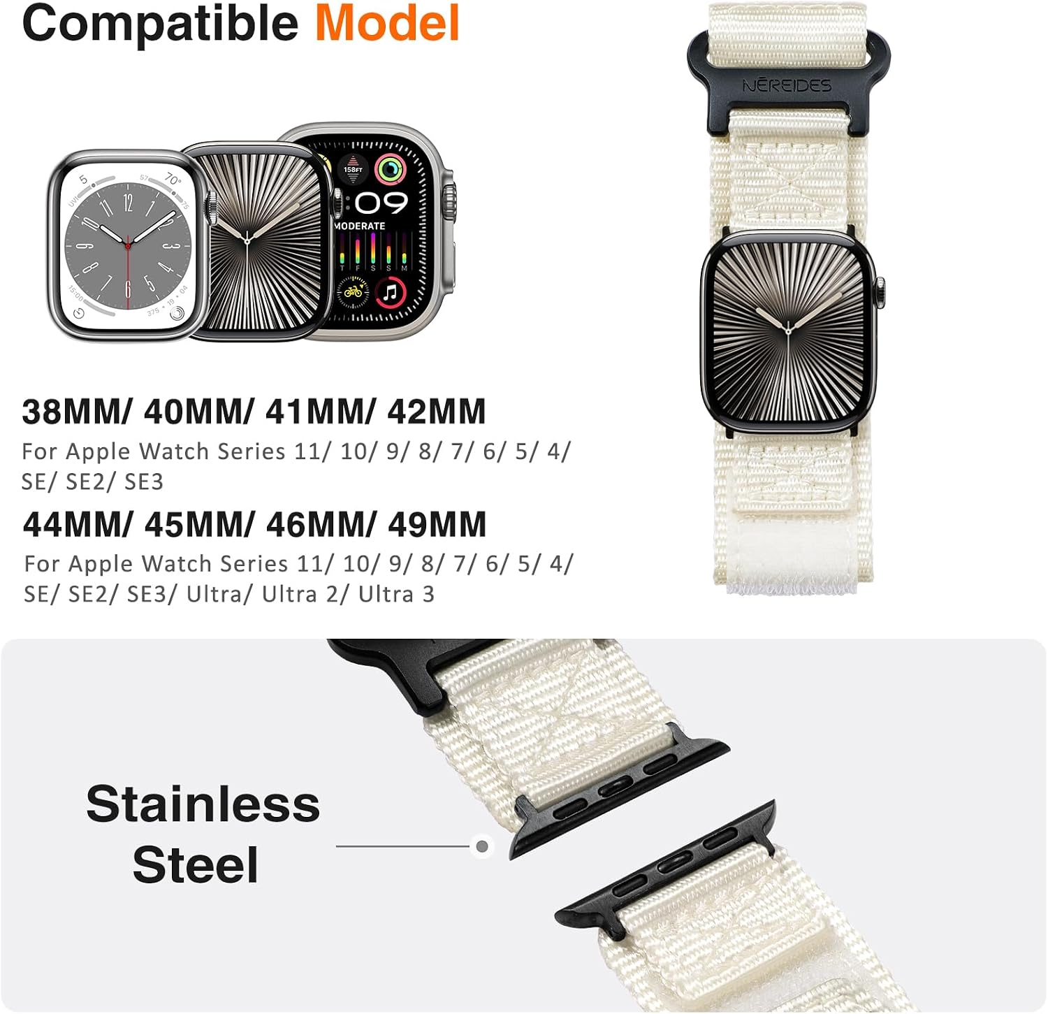Thumbnail 3 de Nereides Nylon Sports Band for Apple Watch Series 4–11, SE, Ultra (49mm–44mm) in Ivory White
