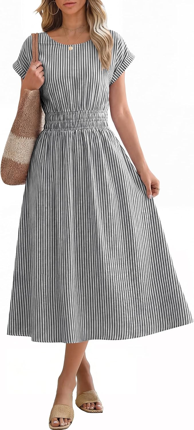 Detalle de ANRABESS Women's Summer Midi Dress with Stripes and Pockets