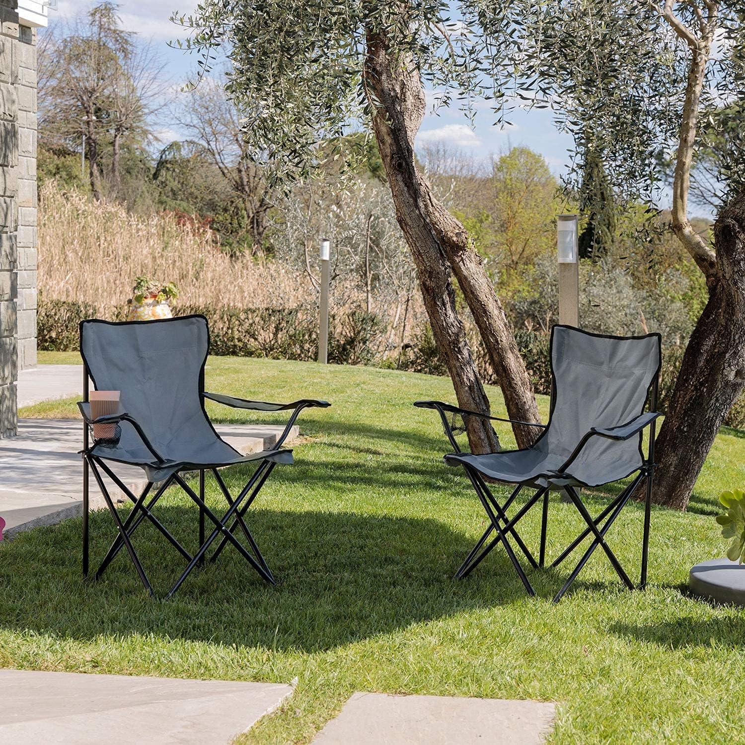 Detalle de Baroni Home Sedia Campeggio Pieghevole da Esterno: Seduta leggera e robusta, con porta bevande, set da 2 nera