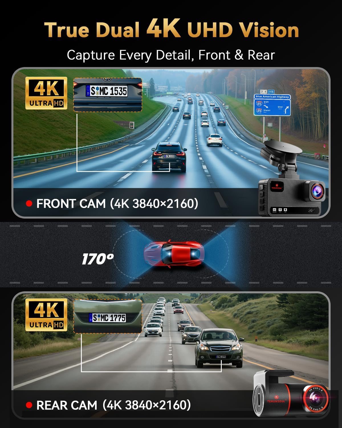 Thumbnail 1 de TERUNSOUL 4K+4K Dash Cam with 170° Wide Angle