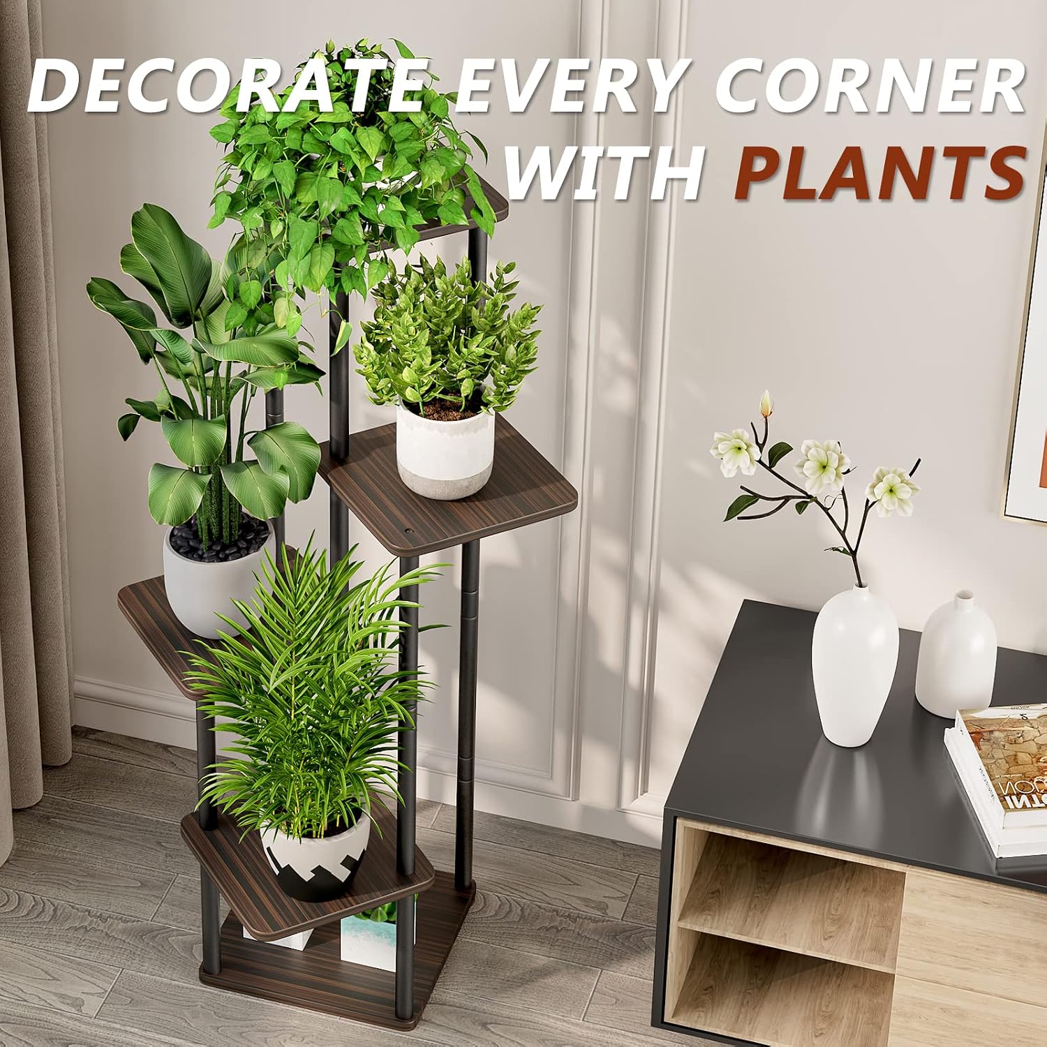 Thumbnail 5 de AZERPIAN AZH725 5-Tier Plant Stand, Metal Frame, Black Oak MDF Shelves