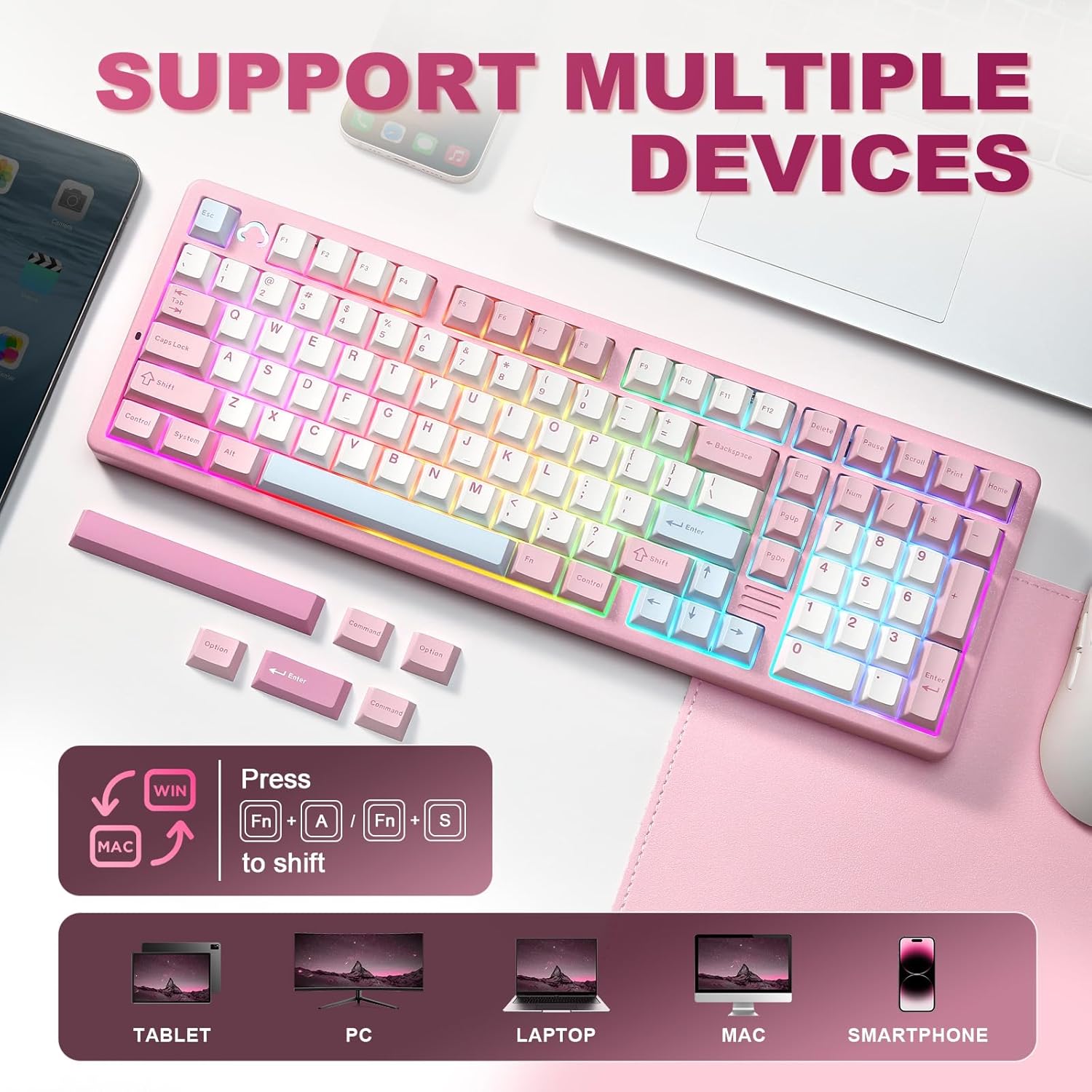 Thumbnail 6 de YUNZII AL98 QMK/VIA Kabellose Mechanische Gaming-Tastatur – 1800-Layout, Aluminium, Hot-Swap, RGB, Rosa (Milk V2 Linear)