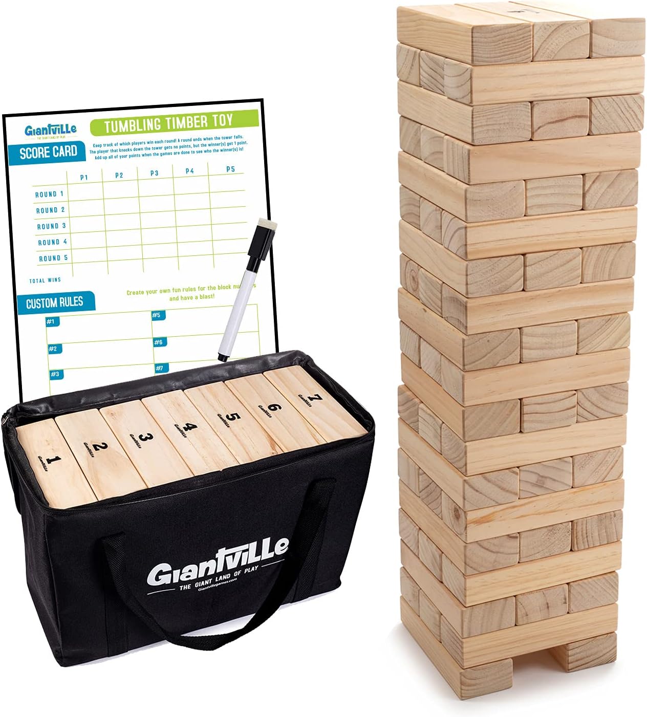 Giantville Giant Tumbling Timber Toy (STEAM-Credited) — 56-Piece Premium Pine Block Tower Game w/ Carry Bag