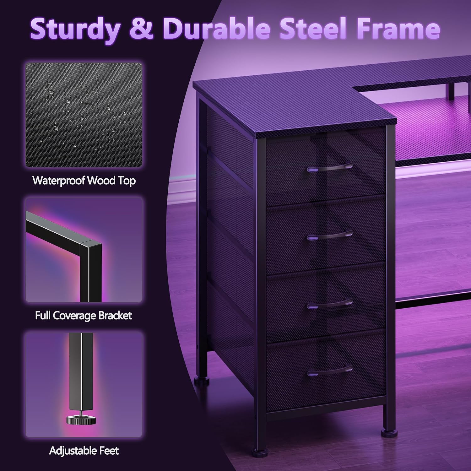 Thumbnail 4 de Korfile CD031 47-Inch Gaming Desk with RGB Lights, Charging Ports and 5 Drawers