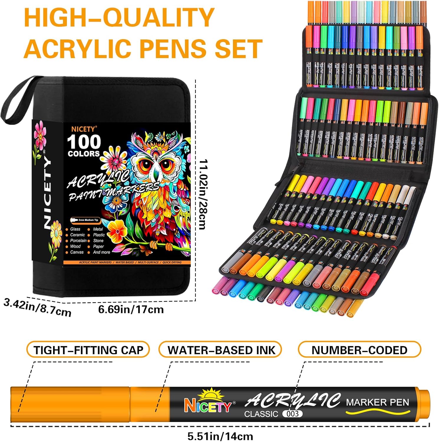Detalle de NICETY 100 Pcs Acrylic Paint Pens – 3mm Medium Tip, Water-Based, Multi-Surface Markers