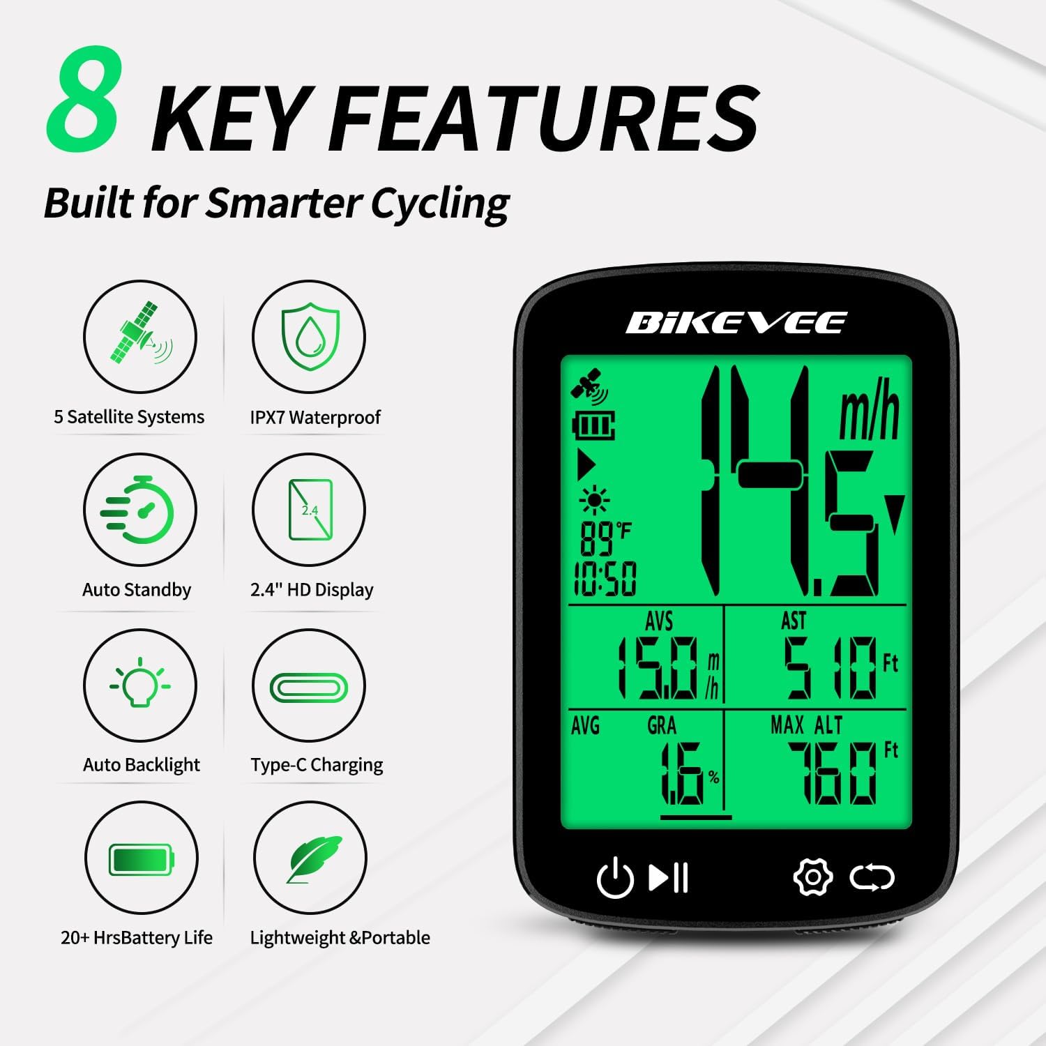 Detalle 2 de Bikevee Wireless GPS Bike Computer, 2.4-Inch Display, IPX7, 28-Hour Runtime
