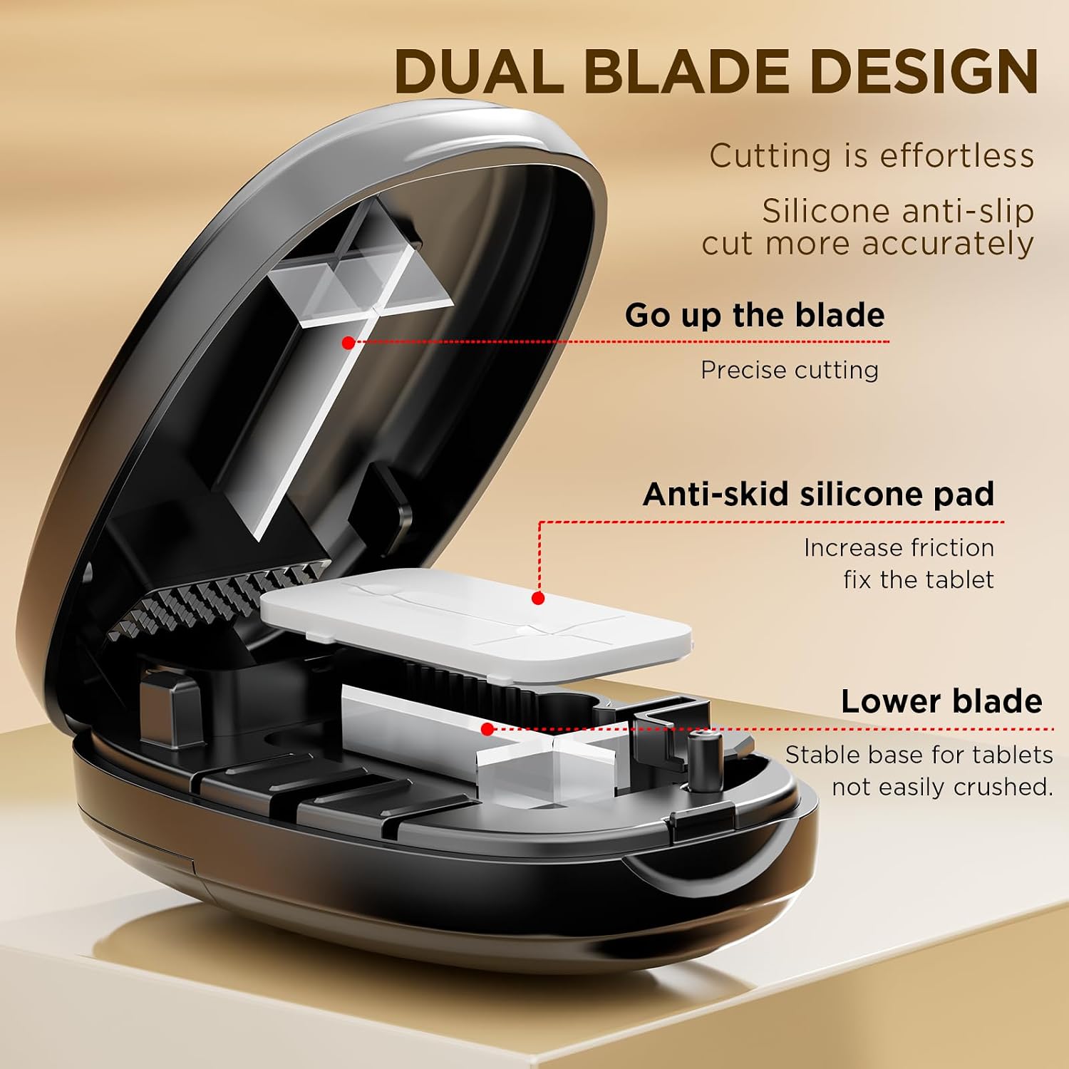 Detalle de Pill Cutter Splitter for Small and Tiny Pills — Travel-Size, Stainless Steel Blade, Back Storage