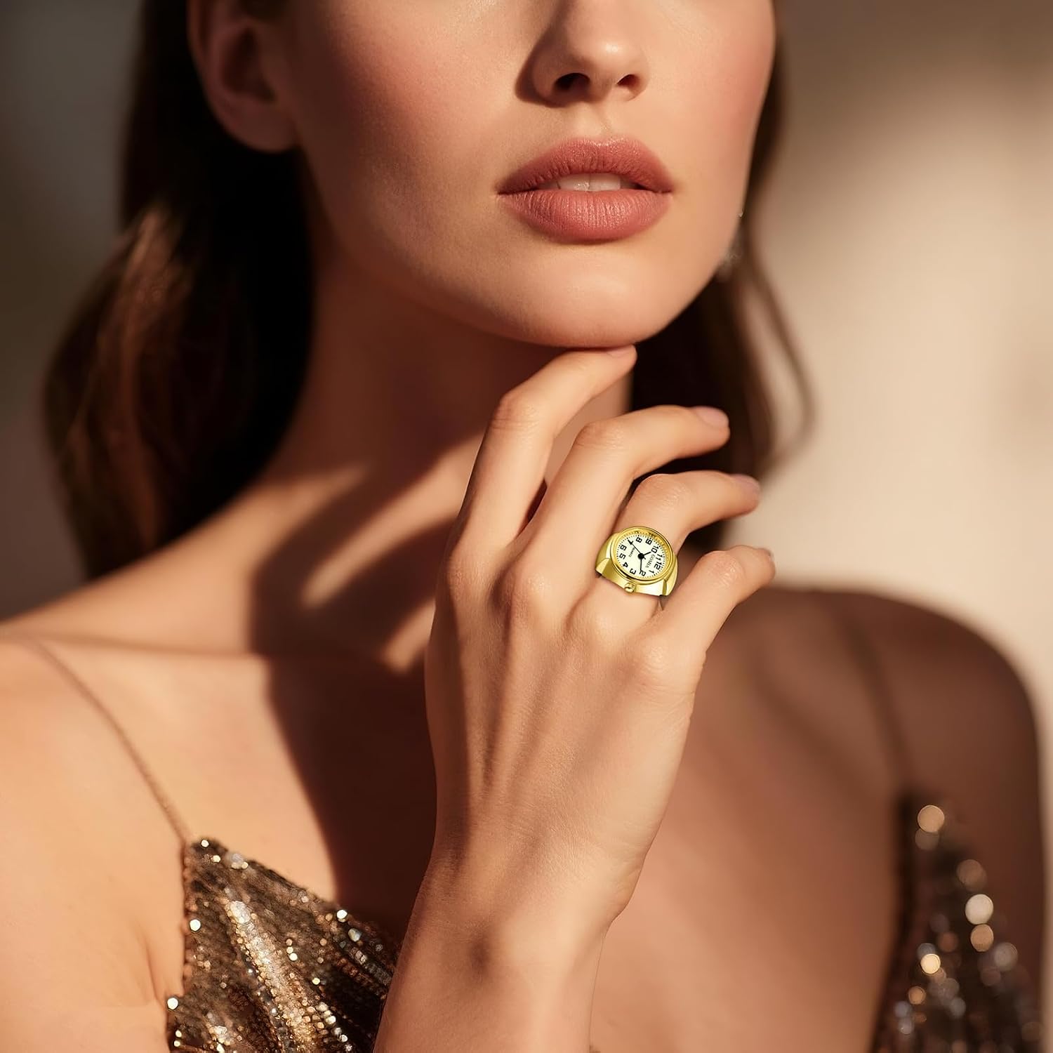 Detalle de JewelryWe Ringuhr Fingeruhr mit elastischem Zugband – grünleuchtendes Zifferblatt, Quarzuhrwerk