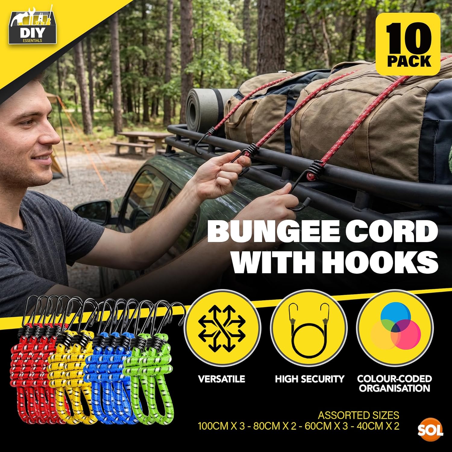 Detalle de SOL 10pk Heavy Duty Bungee Cords with Hooks (Assorted Lengths 40cm–100cm)