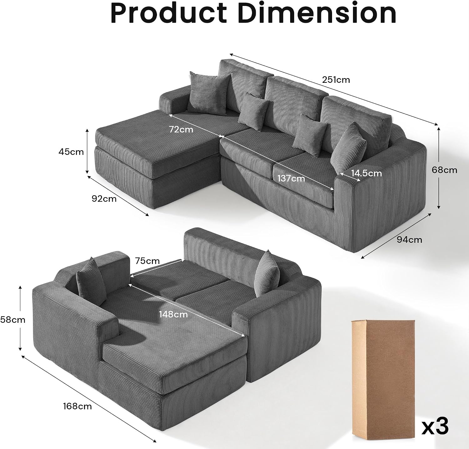 Thumbnail 1 de CLIPOP Boneless Couch L Shaped Left‑Corner 3‑Seater Sofa set 🛋