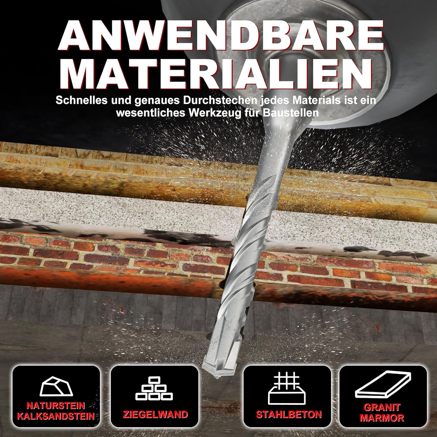 Thumbnail 4 de METOTY SDS-Plus Bohrer 35 mm × 350 mm mit 4 Hartmetallschneiden – Stein-, Beton- und Mauerwerksbohrer