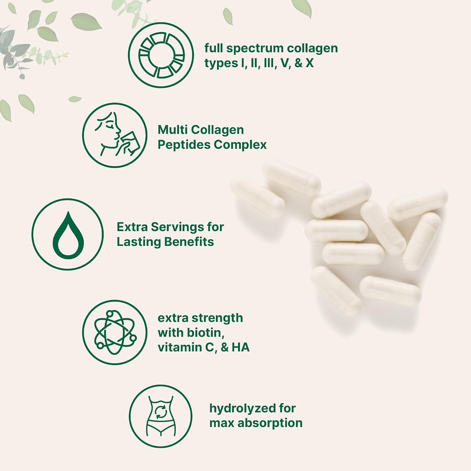 Detalle 2 de Micro Ingredients Multi Collagen Peptides, 240 Capsules with Types I, II, III, V & X