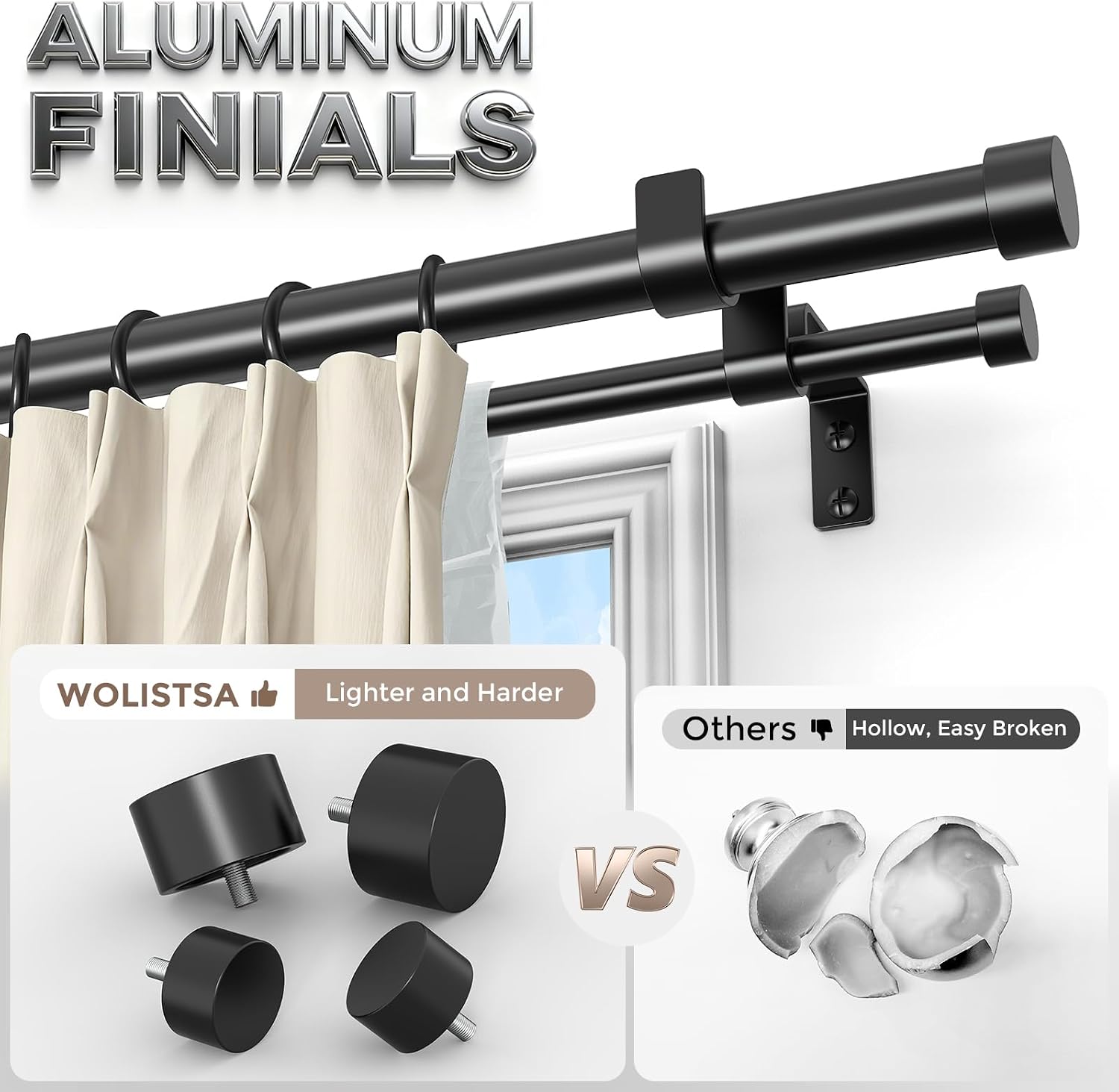 Thumbnail 1 de Black Double Curtain Rod (72 to 144 Inch Extra Long Dual Curtain Rods) Telescopic Metal Drapery Pole Set