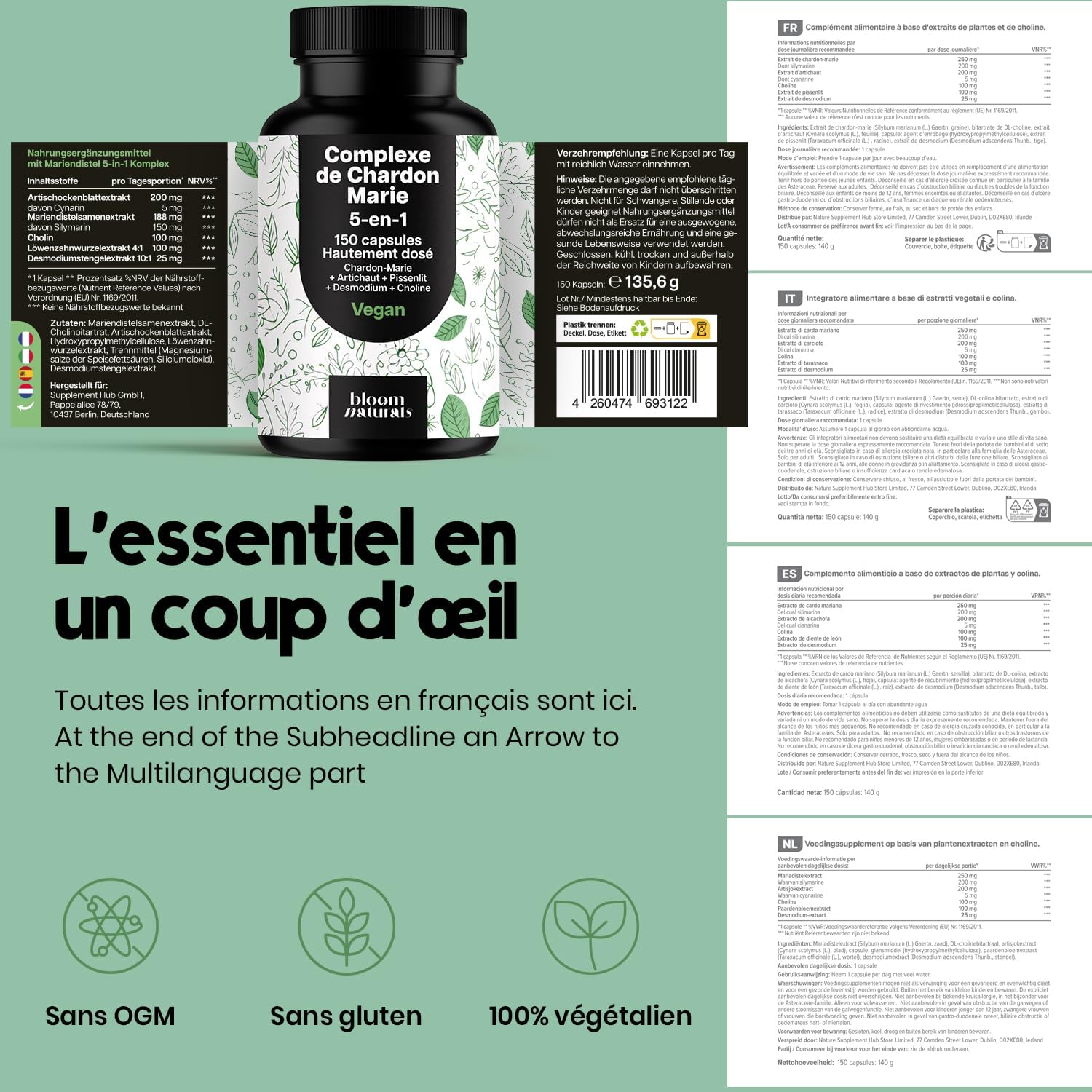 Detalle 2 de Detox Foie 5-en-1 – 150 capsules vegan (chardon-Marie, artichaut, pissenlit, desmodium, choline)