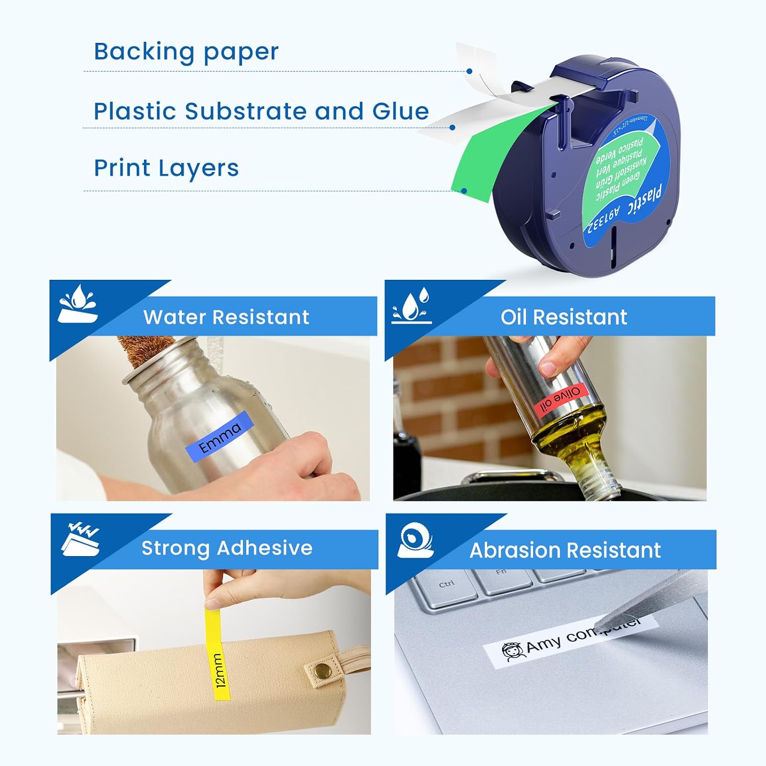 Detalle de 6er-Pack Etikettenband kompatibel mit DYMO LetraTag 12 mm x 4 m (UV-beständig, wasserfest) – bunt: Schwarz auf Klar/Weiß/Rot/Gelb/Blau/Grün