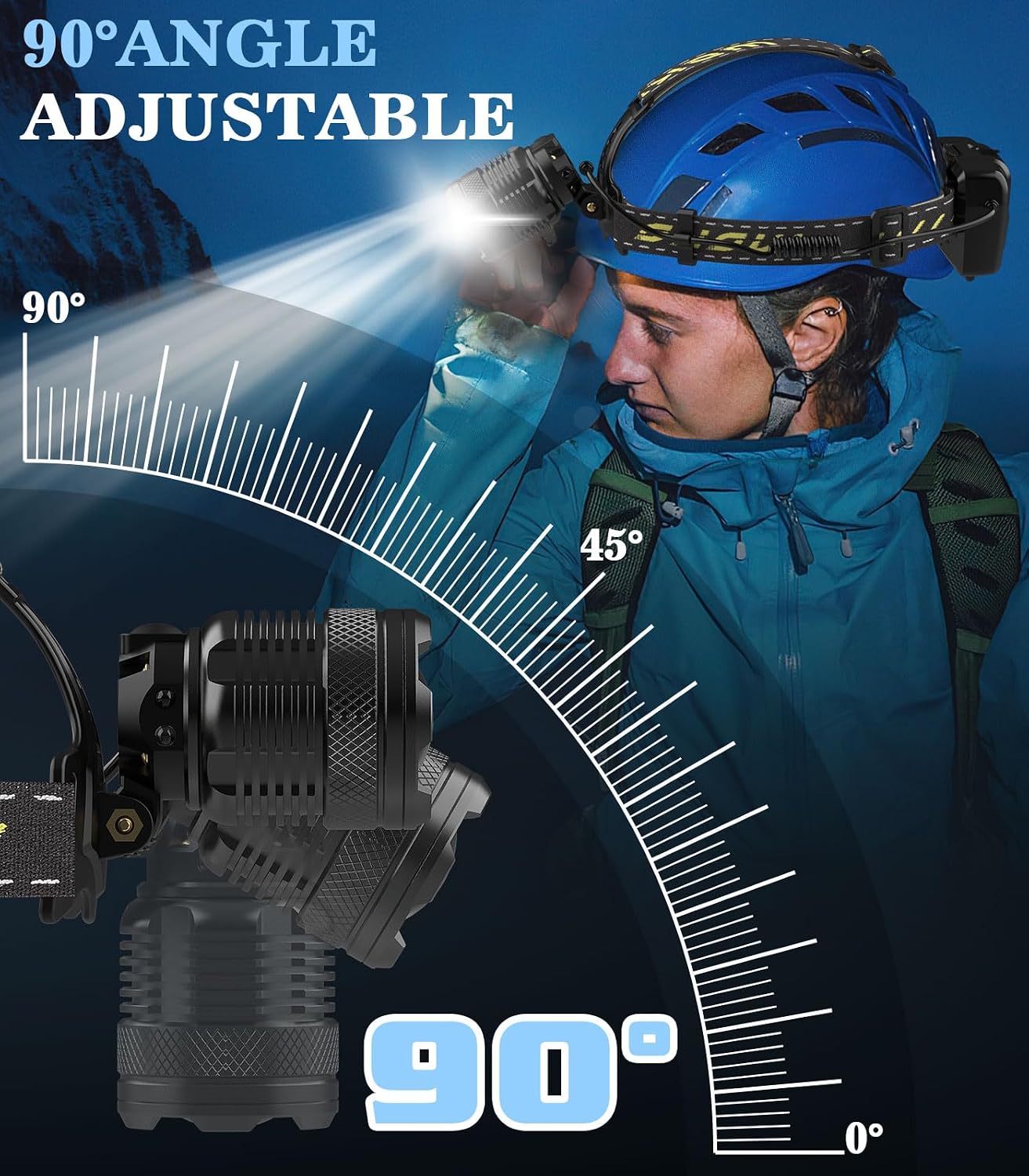 Detalle de MoKo Stirnlampe LED wiederaufladbar mit 90°-Verstellung, IP68 und bis zu 100.000 Lumen (schwarz)