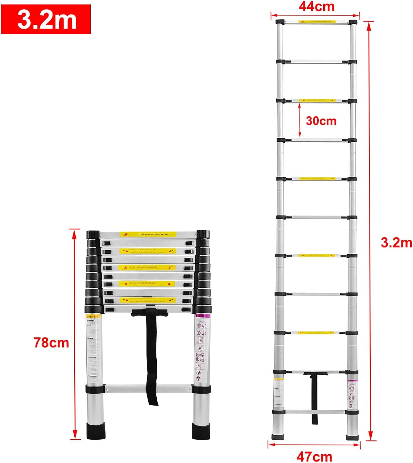 Detalle 2 de LZQ 3.2 m Aluminium Telescopic Ladder, 11 Steps, 150 kg Capacity
