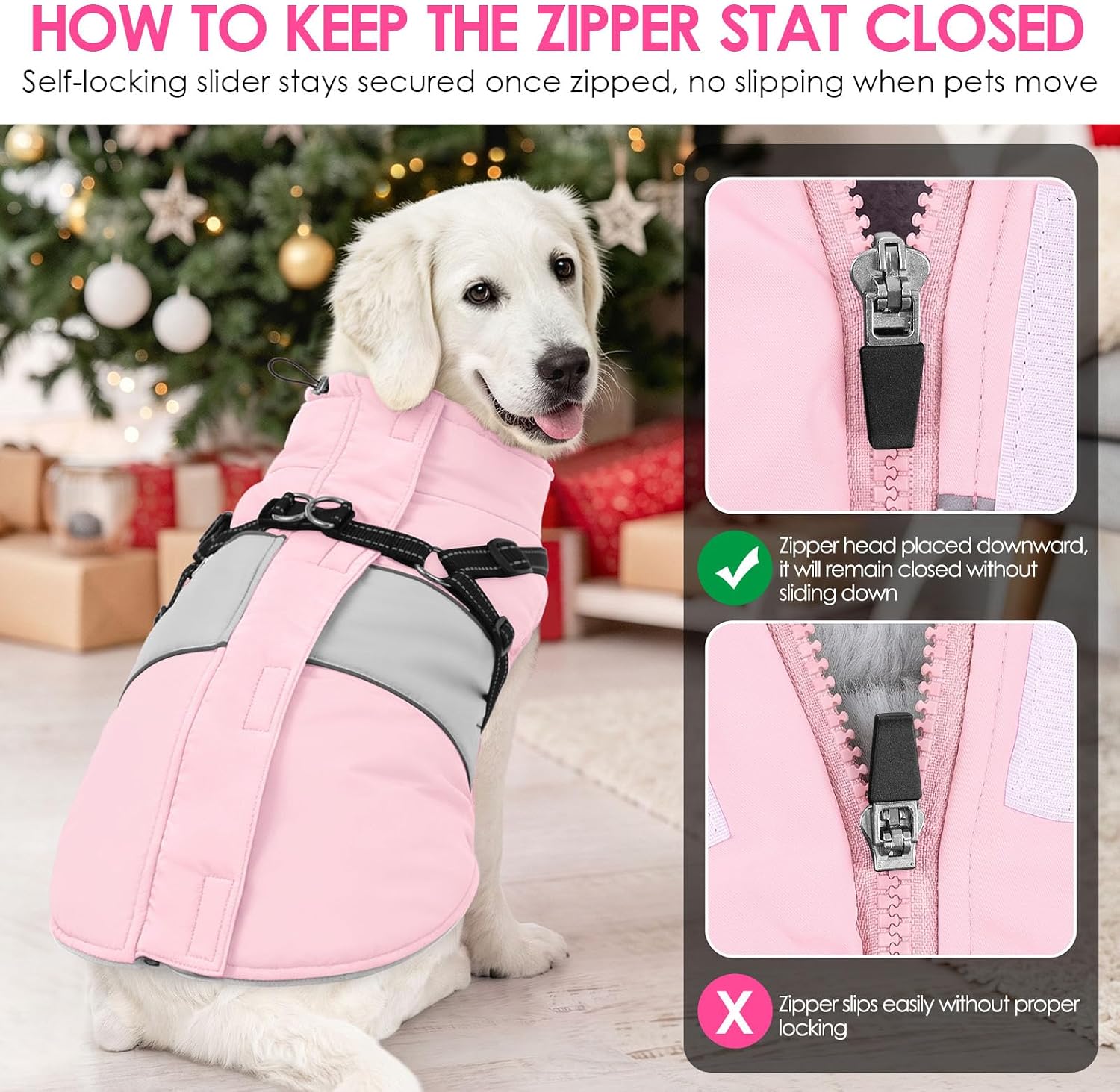 Detalle 2 de AOFITEE 1207-AF-768MF-Pink-L Large Waterproof Dog Coat with Harness