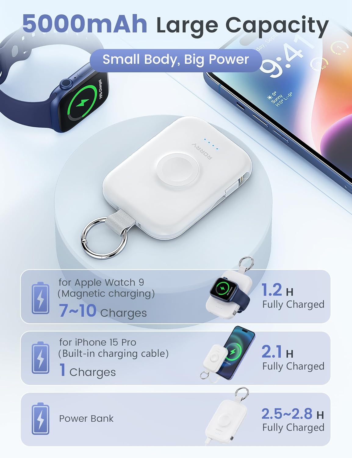 Thumbnail 2 de RORRY 5000mAh Portable Charger with Built-in Cables — Travel Keychain Power Bank for iPhone and Apple Watch