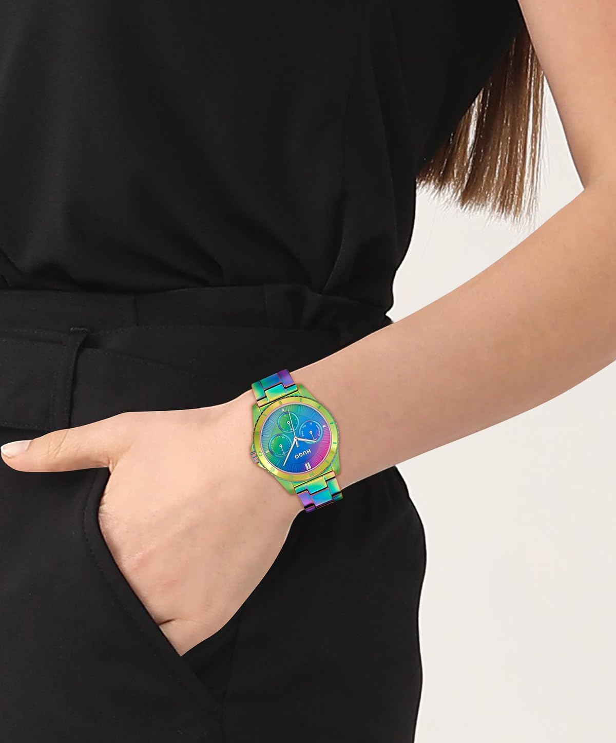 Thumbnail 3 de HUGO Orologio analogico multifunzione da donna Collezione #DANCE, cinturino in acciaio inox cromato arcobaleno