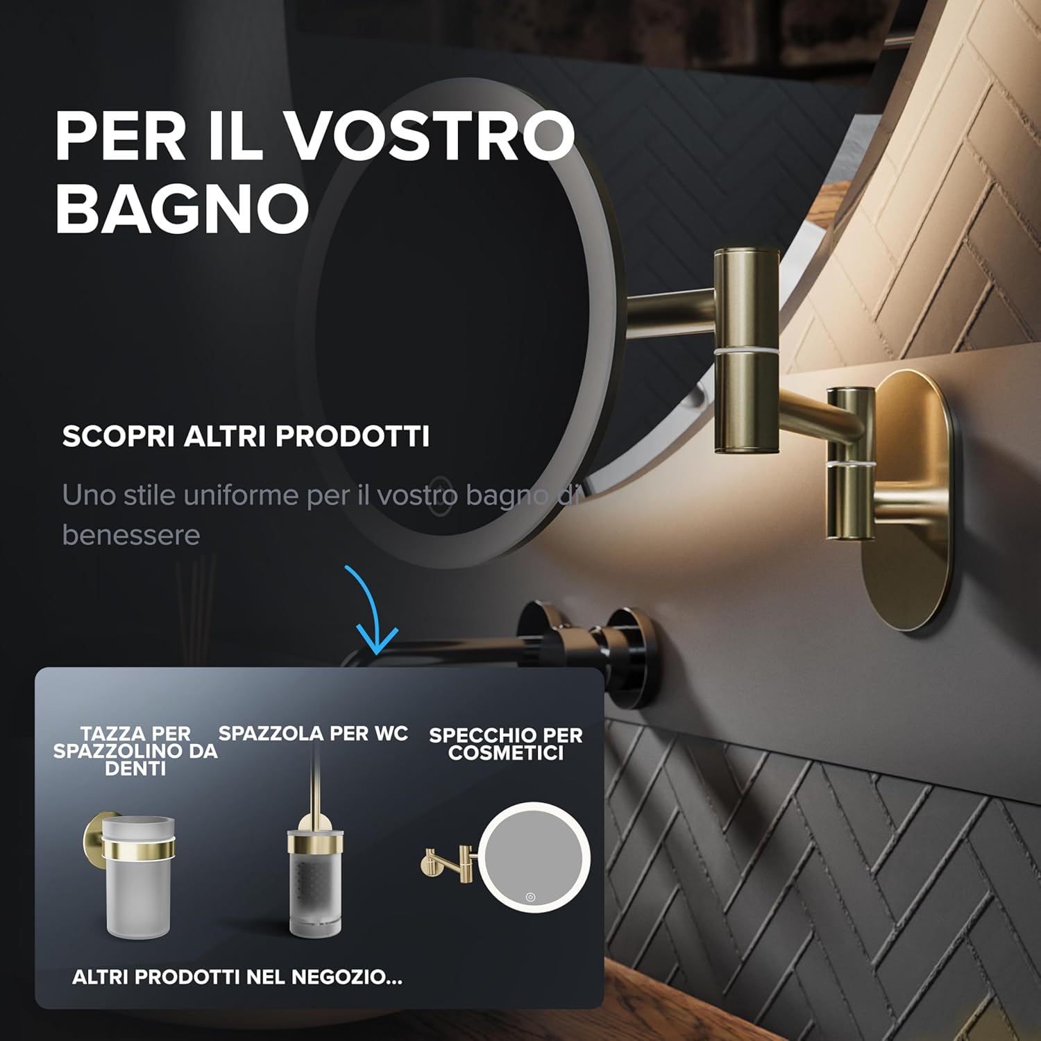 Thumbnail 6 de ovimar Specchio cosmetico Blavand Gold con illuminazione, ricaricabile e montaggio a parete