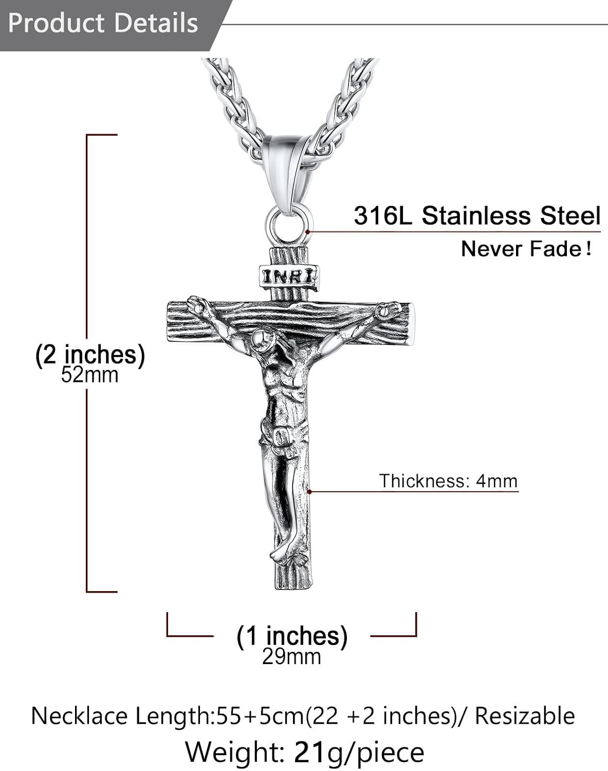 Thumbnail 5 de U7 Jesus Cross Necklace INRI Pendant in Gold-Tone Plating (Sterling Silver/Steel) — Adjustable Faith Jewellery