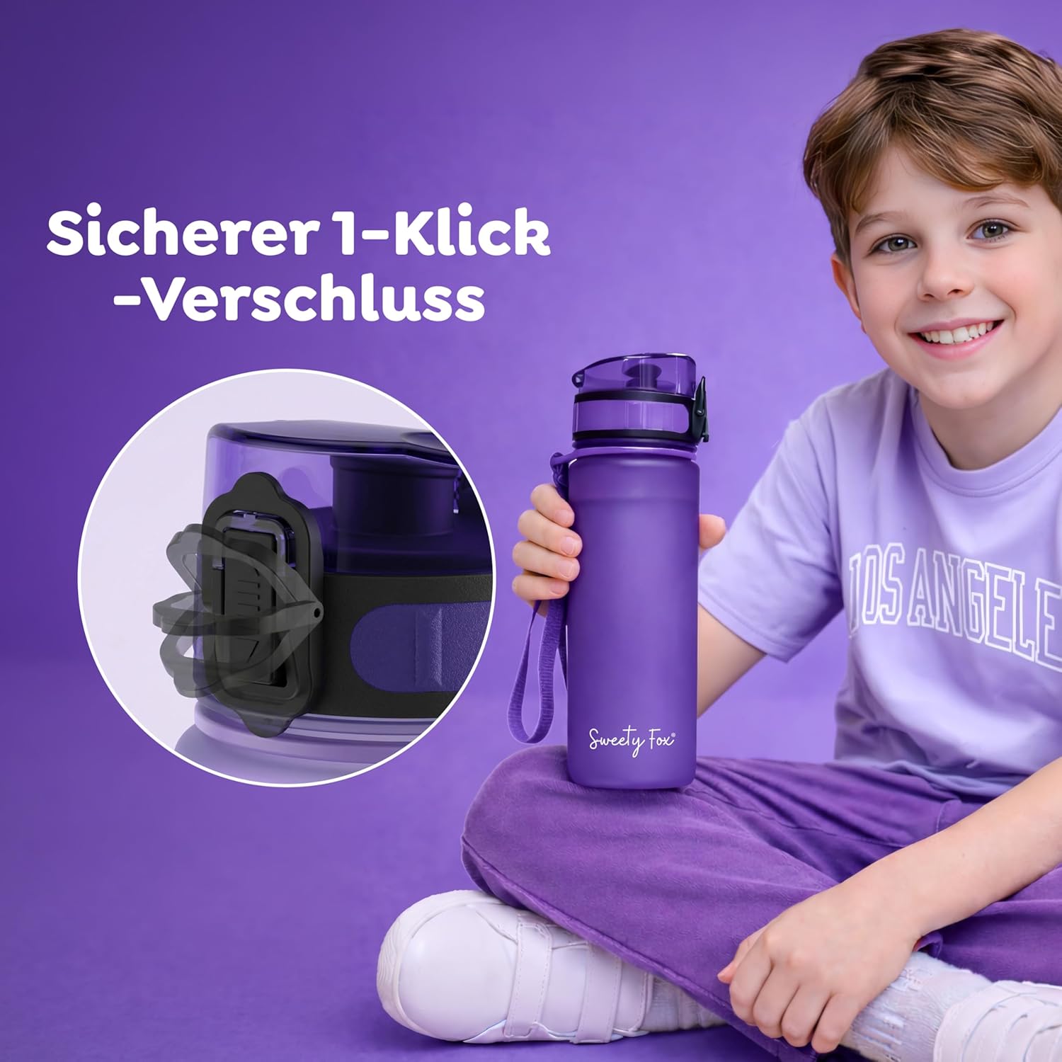 Thumbnail 3 de Sweety Fox Trinkflasche Kinder 500 ml - Lila, kohlensäuregeeignet, auslaufsicher & spülmaschinenfest