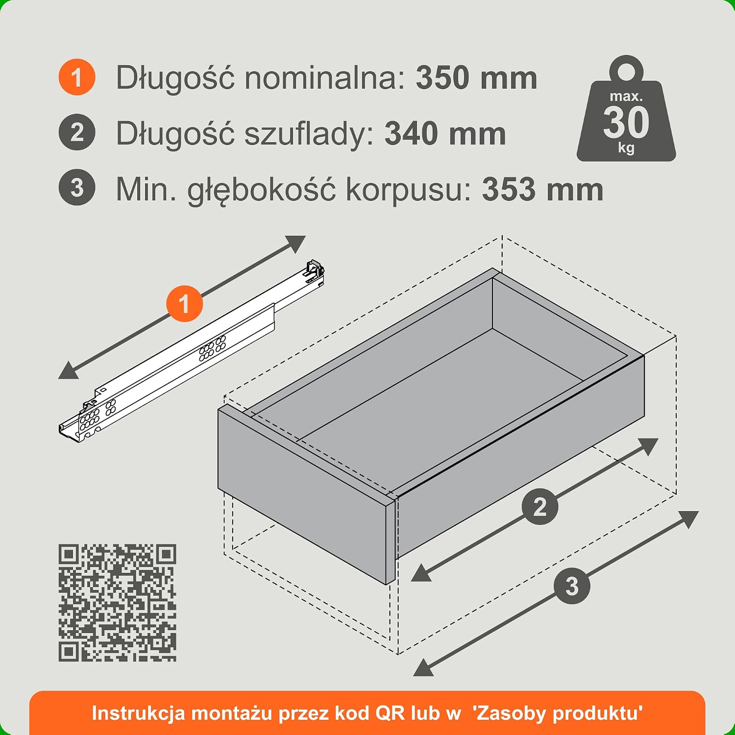 Detalle 2 de Blum TANDEM 350 mm – ukryte prowadnice do szuflady z pełnym wysuwem i BLUMOTION
