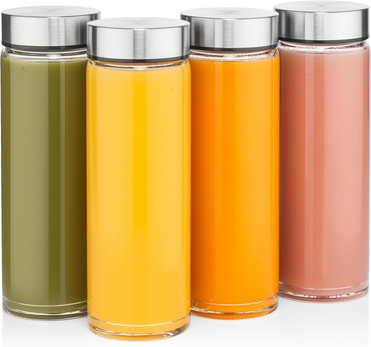 Detalle de All About Juicing Juice Bottles (4-Pack) Wide-Mouth Borosilicate Glass Bottles with Leakproof Lids, 16oz