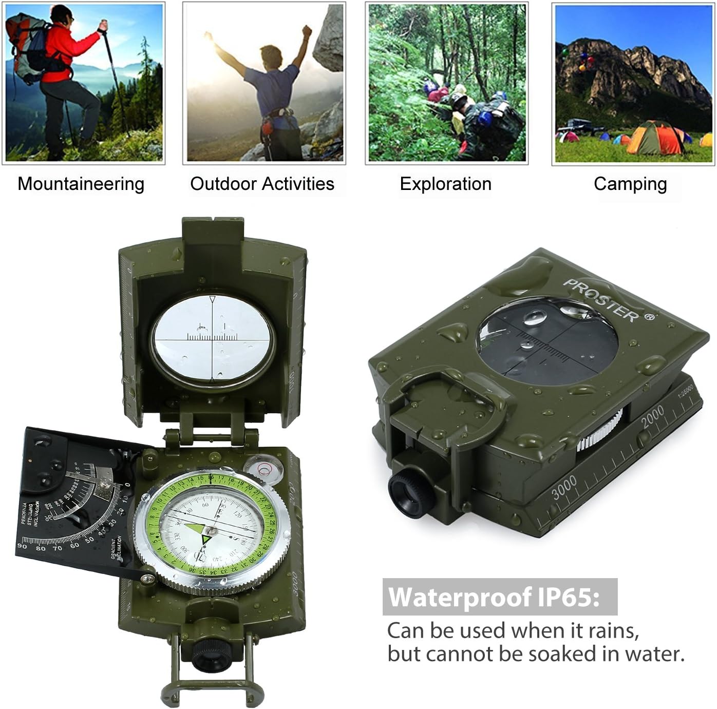 Detalle 2 de Proster bussola precisa con clinometro per attività outdoor, luce fluorescente e borsetta portatile