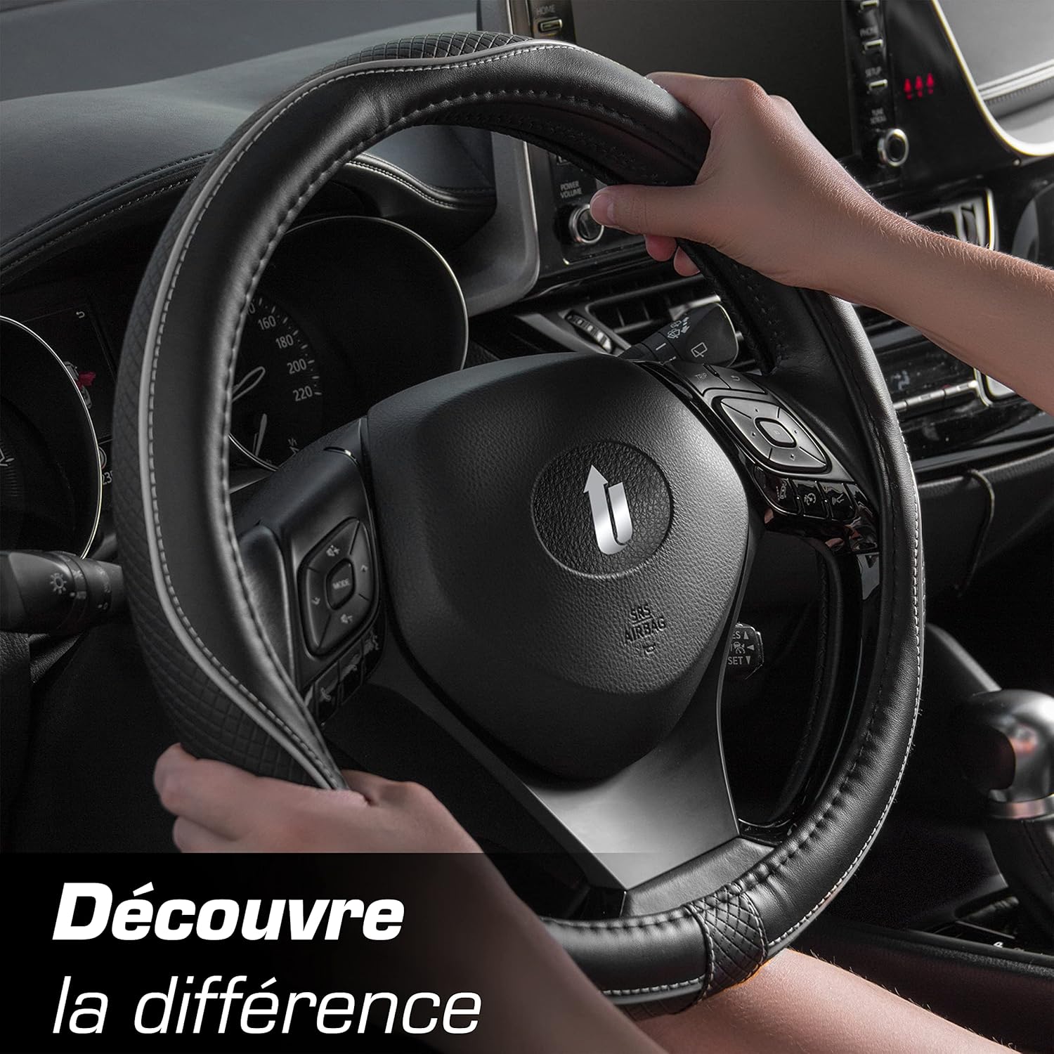 Thumbnail 4 de Upgrade4cars Couvre Volant Universel 37-38 cm – Simili Cuir Noir/Blanc, Antidérapant