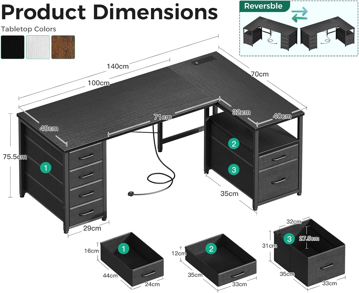 Thumbnail 2 de Coleshome Computer Corner Desk with Drawers (140×70 cm) with Built-in Power Outlet, L-shaped, Black