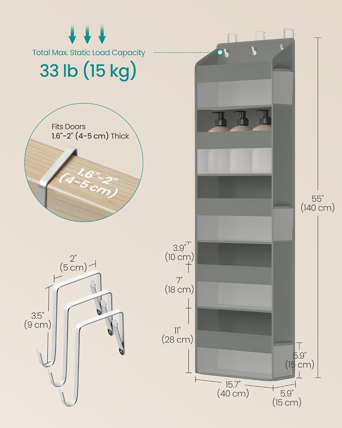 Thumbnail 3 de SONGMICS Tina Collection RDH011GD01 Over-the-Door Organisers, Set of 2, 5-Tier