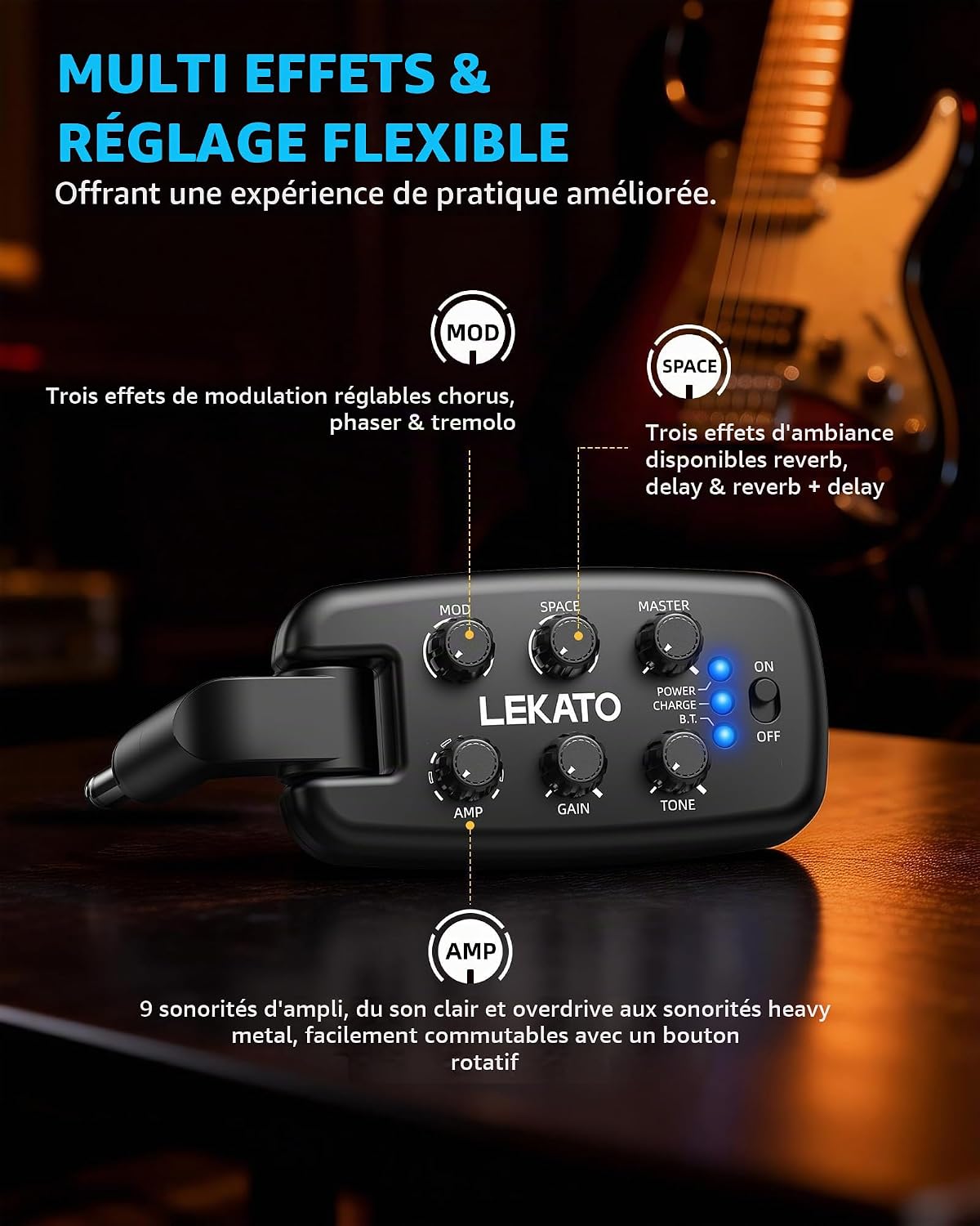 Detalle de LEKATO PA-2 gitaarhoofdtelefoonversterker met 9 versterkermodellen en Bluetooth 5.0