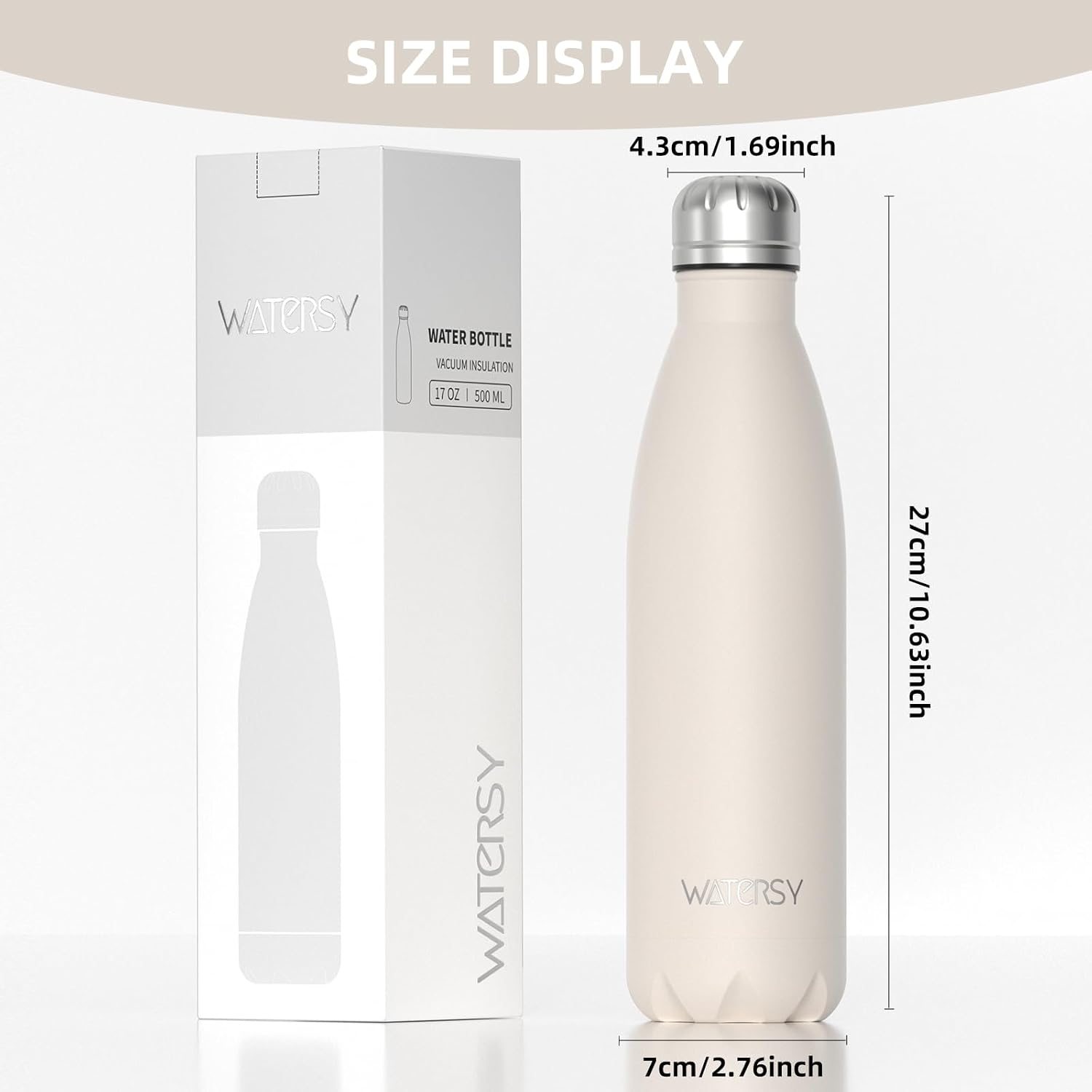Detalle de WATERSY double-walled stainless steel insulated water bottle (500ml) – 24 hrs cold, 12 hrs hot, BPA-free (ivory beige)