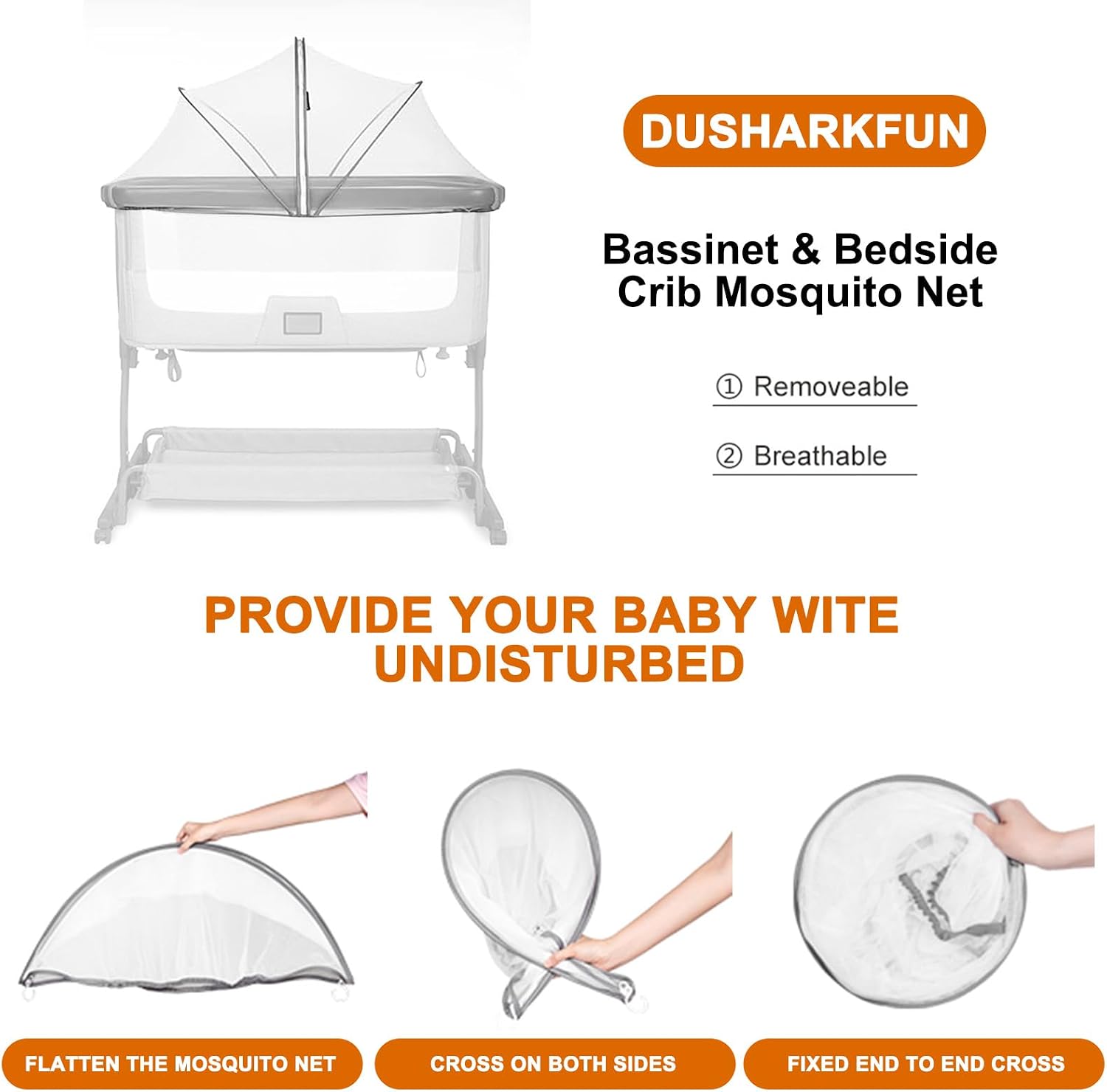 Detalle de Tryora 4483033 muggennet voor babybed, 55 x 100 cm, wit polyester
