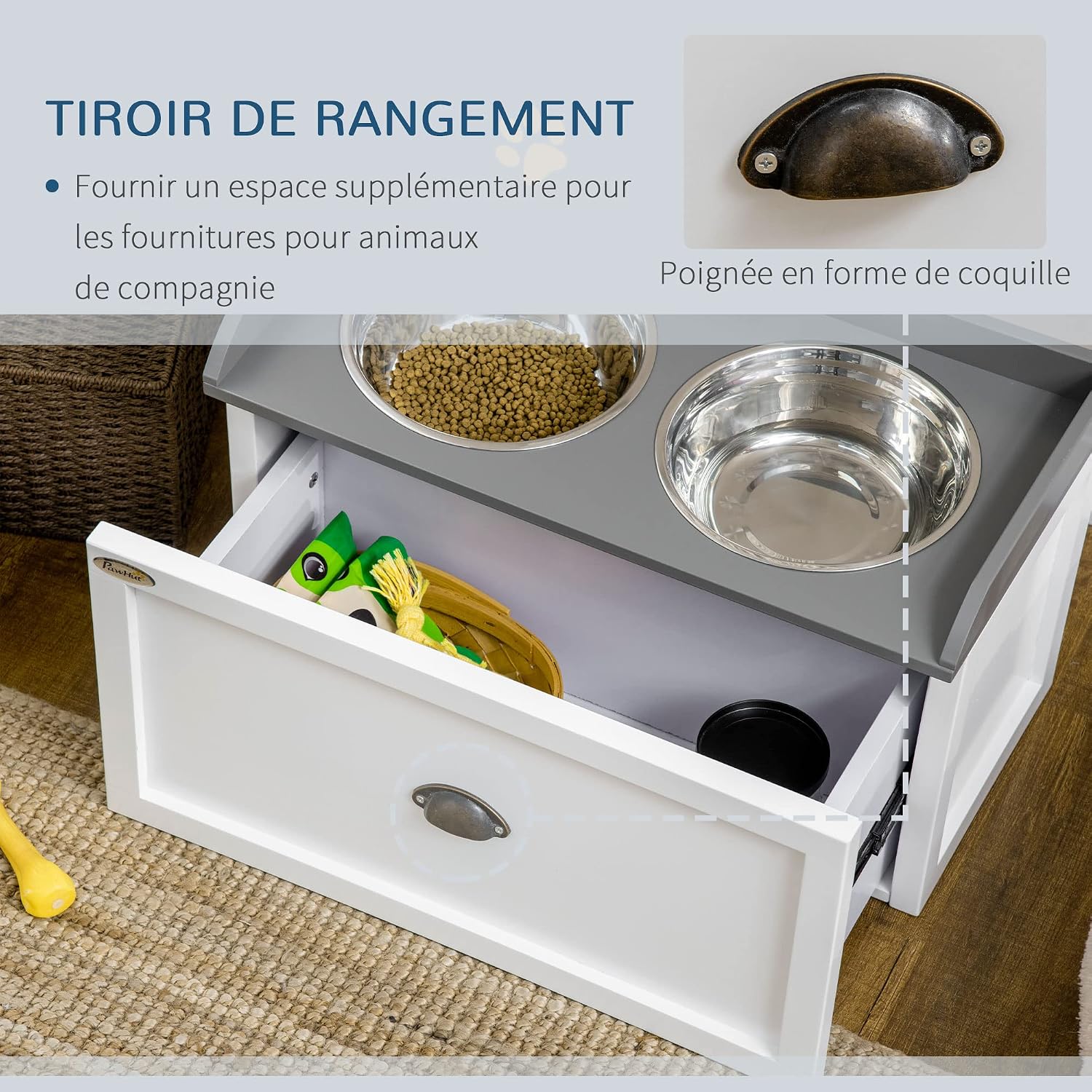 Detalle de PawHut gamelles pour chiens surélevées avec support et tiroir coulissant (2 gamelles inox de 2 L)