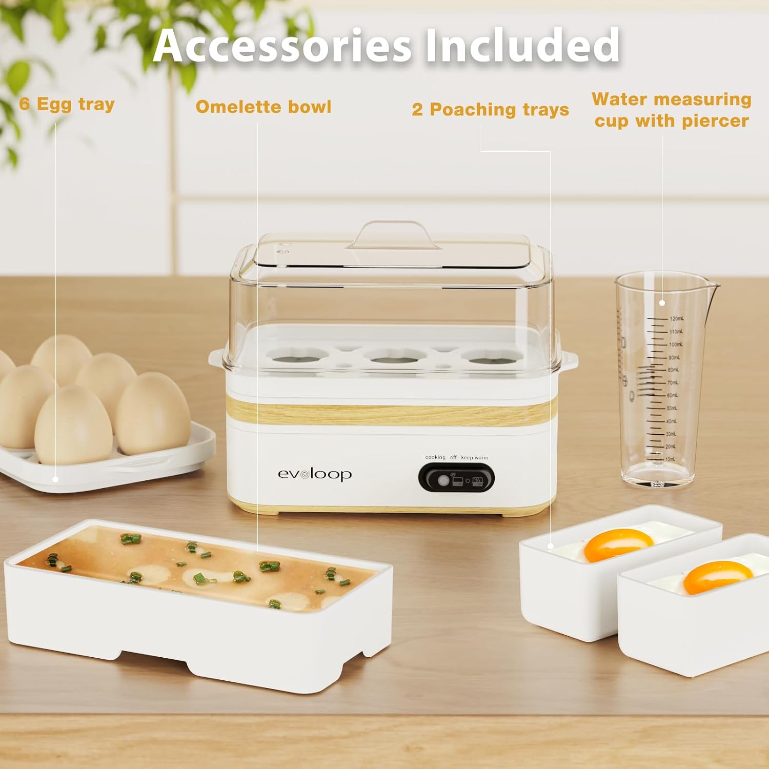 Detalle de evoloop EPS-KY-305 Rapid Egg Cooker, 6-Egg Capacity, Poaching and Omelet Trays