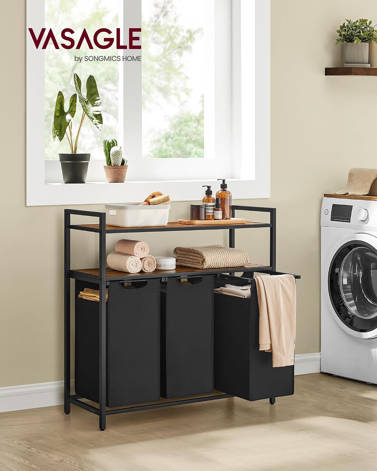 Detalle 2 de VASAGLE BRENTA BLH213B01 Laundry Sorter, 3 x 40L Bags and 2 Shelves
