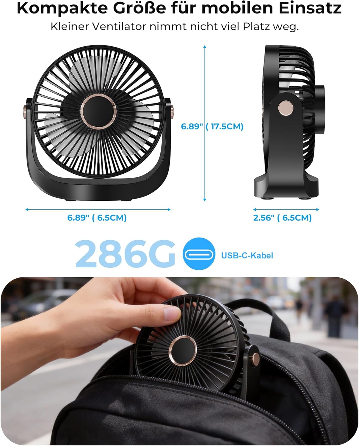 Thumbnail 1 de AICPAN Ventilator Leise – Tischventilator mit Nachtlicht, wiederaufladbar (3000 mAh), 5 Stufen, 360° neigbar, schwarz