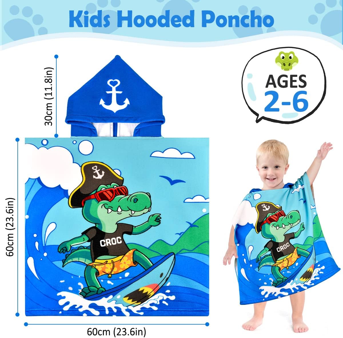 Thumbnail 2 de BTNEEU Poncho de Bain Enfant Crocodile – Serviette de Bain à Capuche 2–6 ans