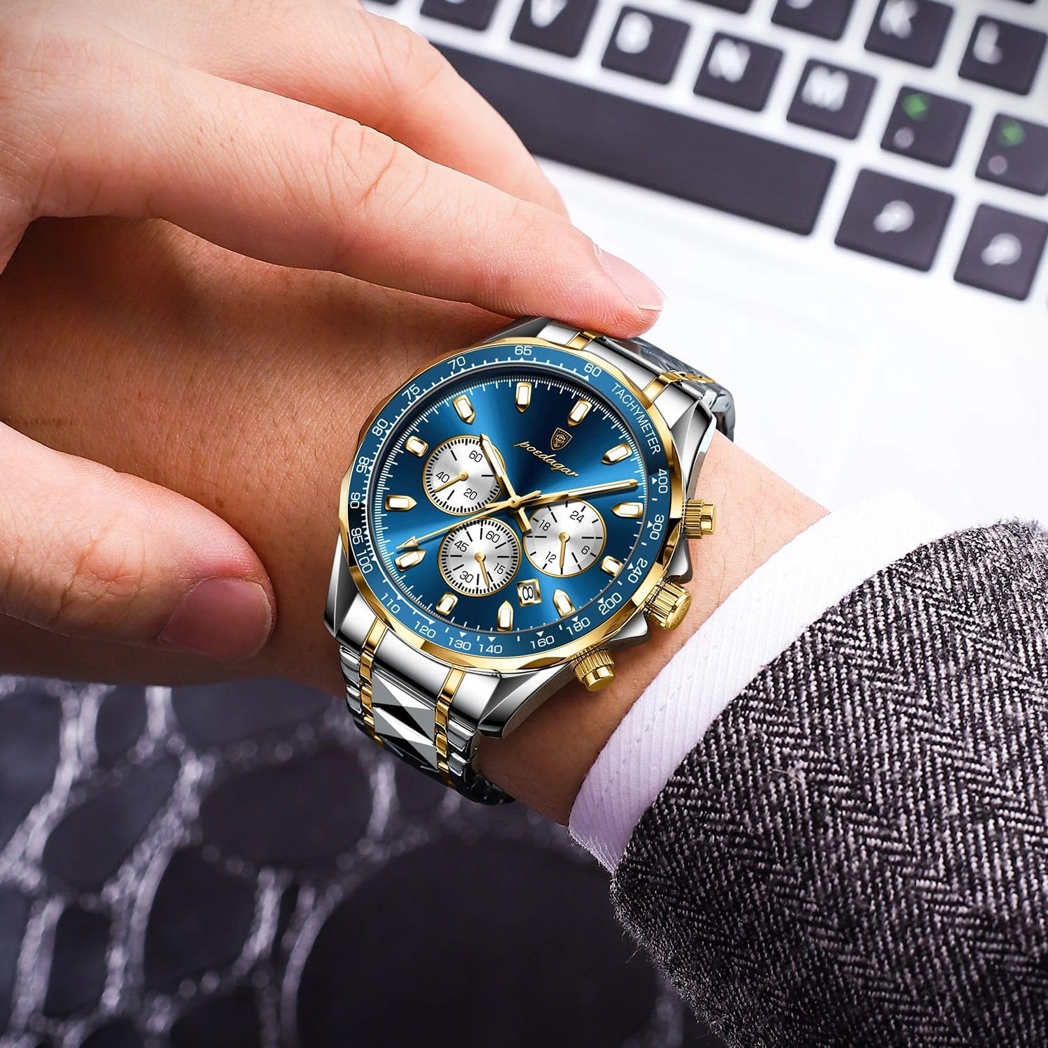 Detalle de Poedagar orologio sportivo da uomo in acciaio inox, cronografo quadrante luminoso, impermeabile 30m