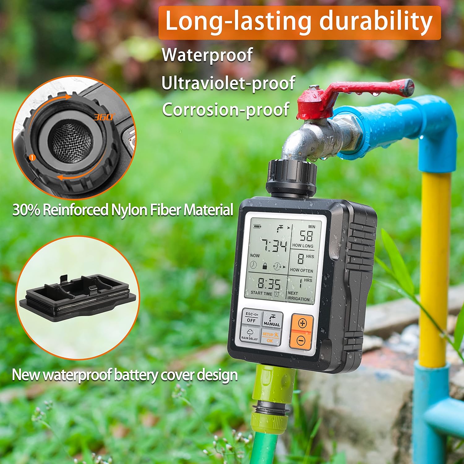 Detalle 2 de CROSOFMI Irrigatore Giardino Timer con Schermo da 3'' – Irrigazione Automatica e Flessibile