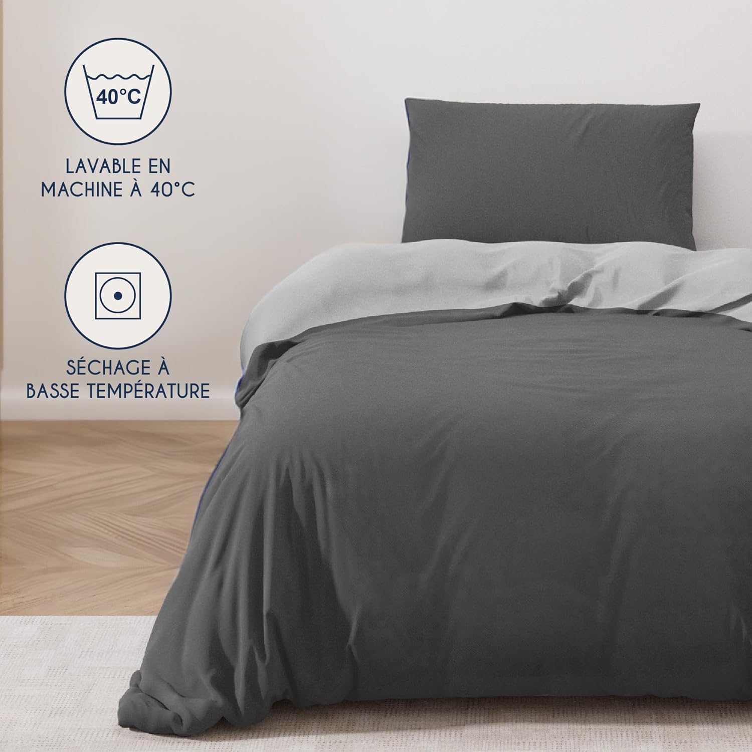 Thumbnail 4 de Dreamzie Parure de couette 140x200 cm en microfibre gris (1 taie 65x65 cm) certifiée Oeko-Tex