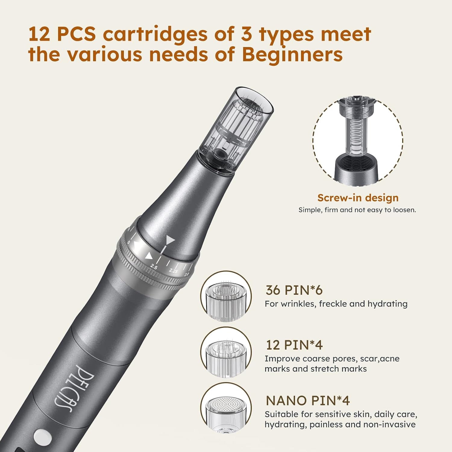 Thumbnail 2 de PELCASE 9-Speeds Microneedling Pen with LCD Screen, 12 Cartridges, Type-C Rechargeable – Black