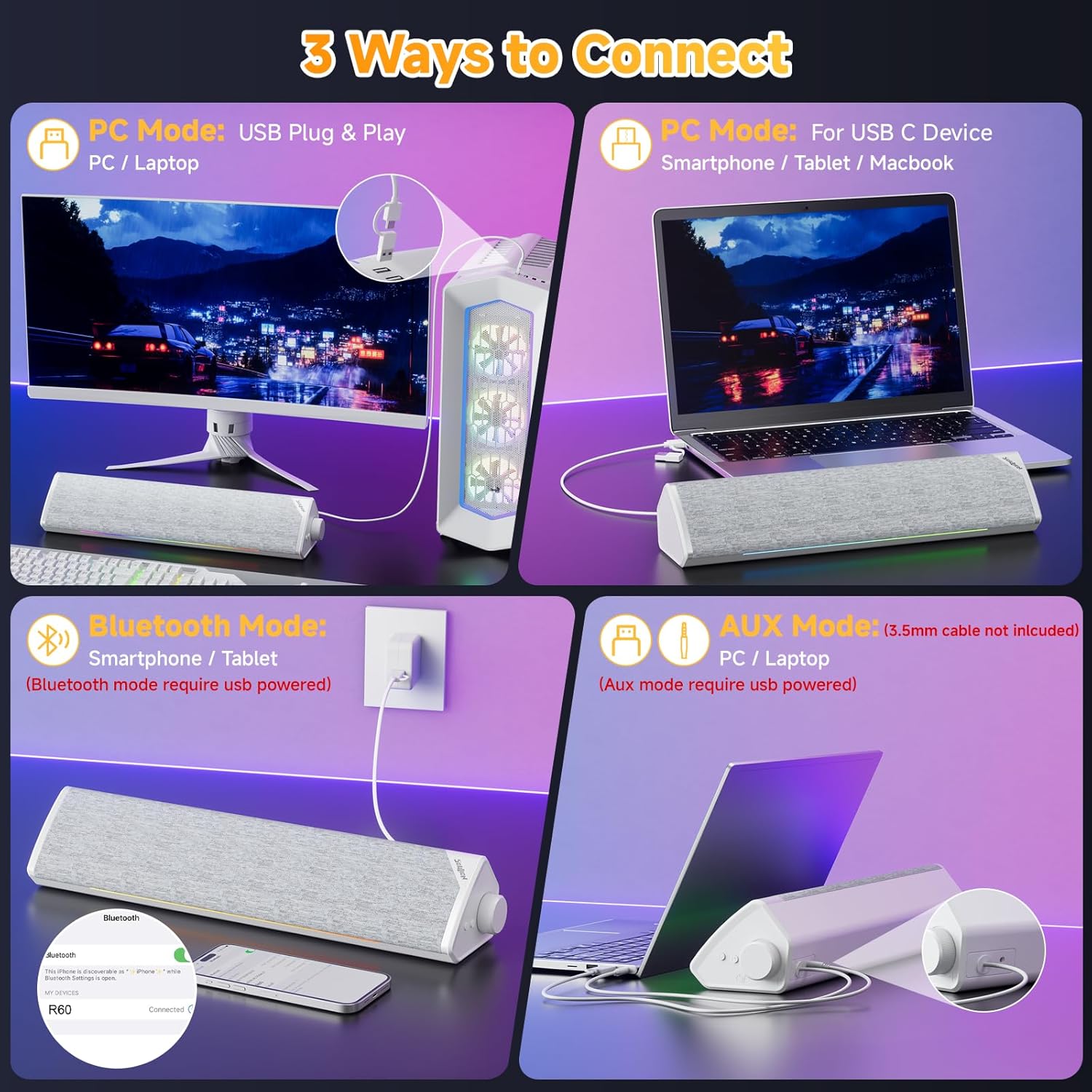 Thumbnail 3 de SOULION R60 White: USB‑Powered Bluetooth 5.3 Soundbar for Desktop and More
