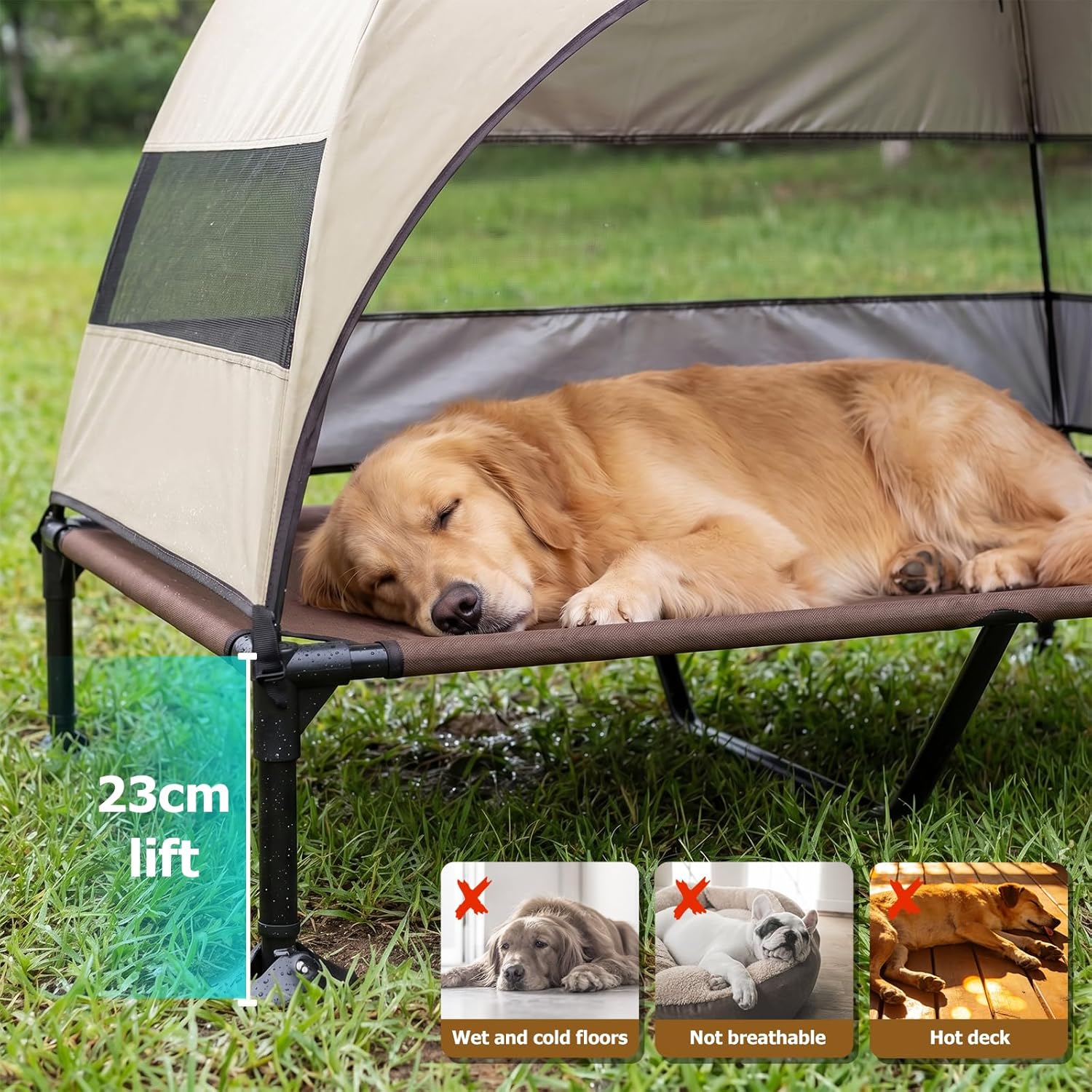 Thumbnail 2 de CJYMMFAN Elevated Dog Bed with UV-Proof Canopy (Raised Outdoor Dog Tent) – Khaki, XL