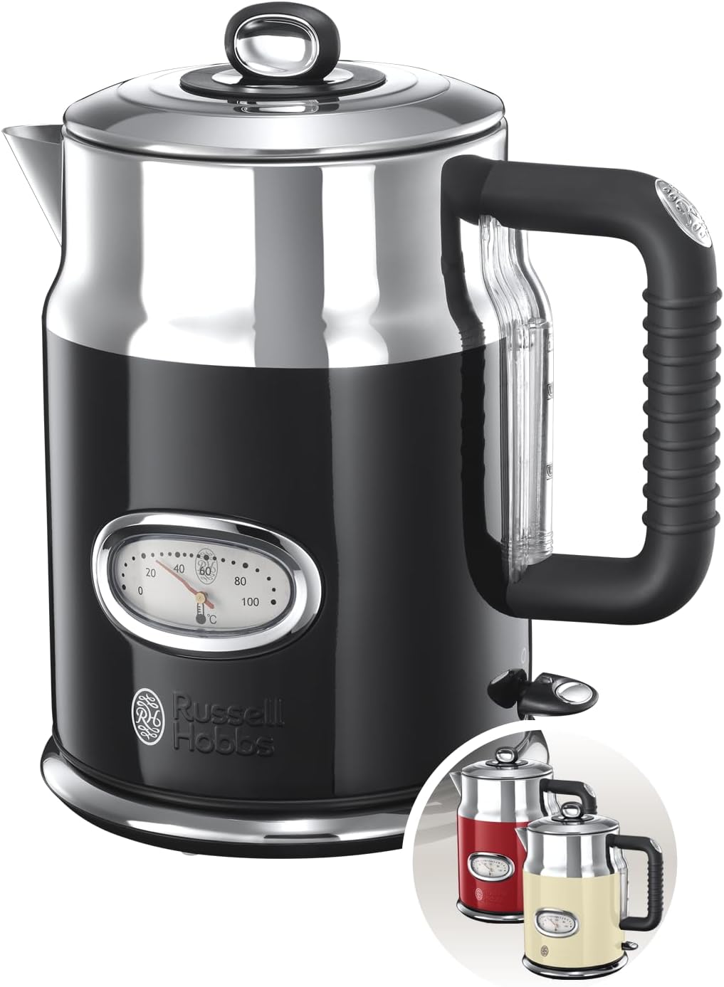 Russell Hobbs Teekocher/Wasserkocher 21671-70 Retro Schwarz & polierter Edelstahl (1,7 l, 2.400 W)