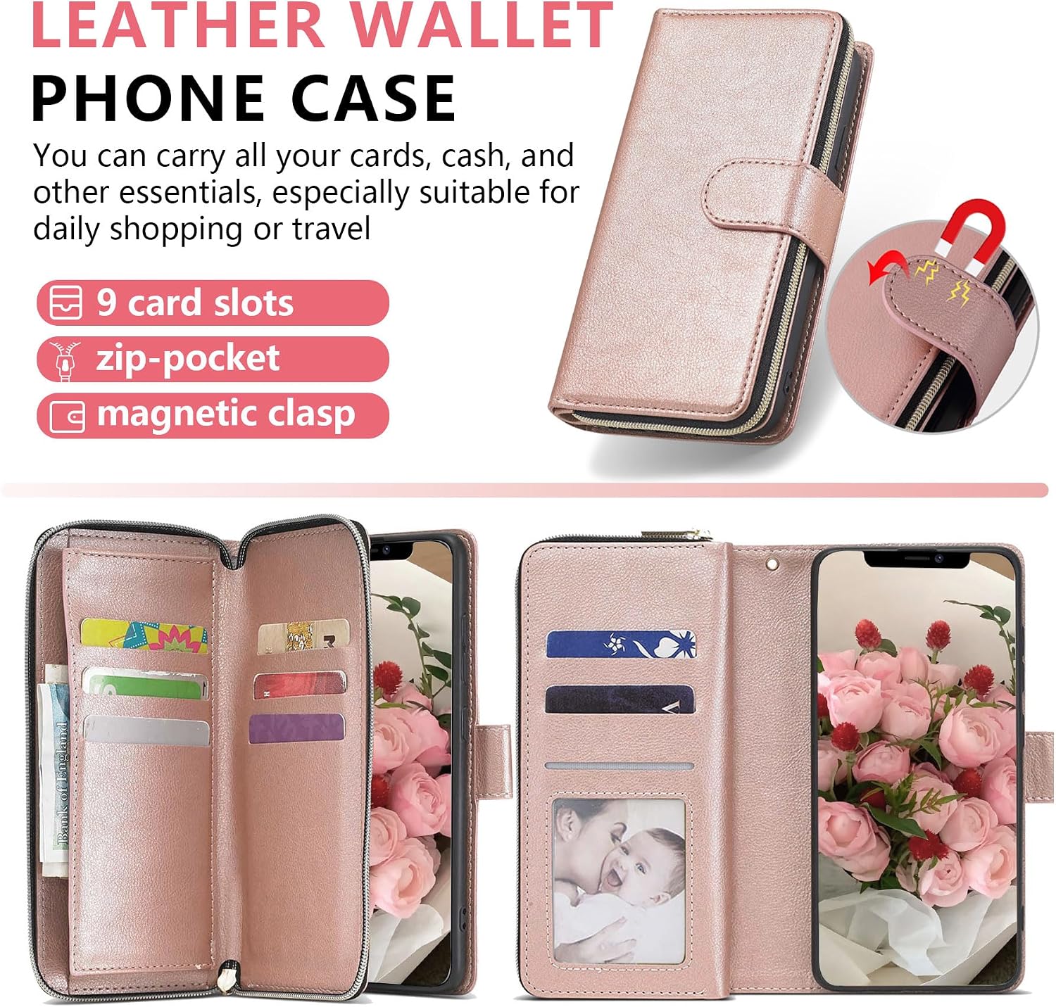 Detalle 2 de ZCDAYE Wallet Phone Case for iPhone 16 Pro Max – Premium Rose Gold Leather with Card Slots and Magnetic Closure
